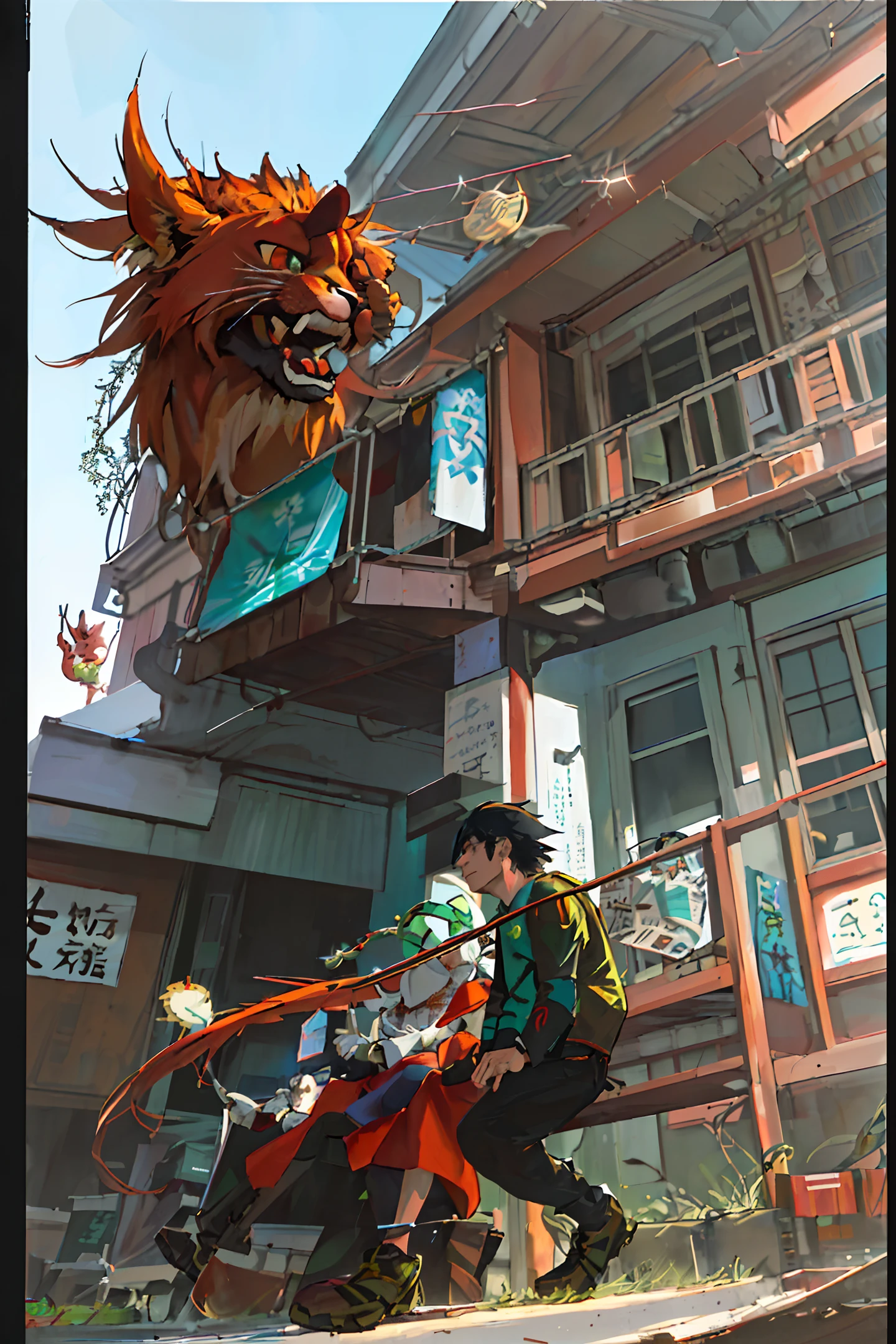 xingshi, lion costume, extra detailed, 8k, 4 legs, outdoors, beautiful sky, close up, high resolution, (Anime Scene, Toonshading, Satoshi Kon, Ken Sugimori, Hiromu Arakawa:1.2), (anime style, manga style:1.3 ), low detail, sketch, concept art, line art, webcomic, comics, hand drawn, clear lines, simple shadows, minimalism, high contrast, linear composition, scalable artwork, digital art, high contrast shadows, Glow Effects, Humorous Illustrations, Large Depth of Field, Masterpiece, colors, concept art, trending on artstation, Vivid colors, dramatic