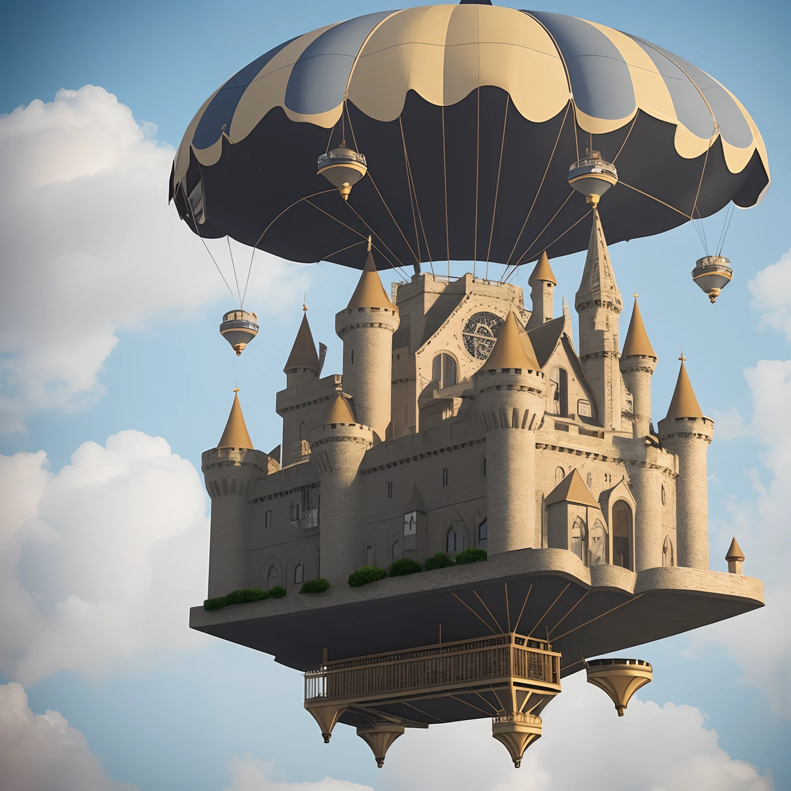 [flying castle steampunch aircraft with mechanical wings, with mechanical birds around]+[flying Victorian castle with mechanical wings, hot air balloons and airship hanging from the roof of the castle,Castle with cogwheels, castle on giant aircraft, hot air balloons hanging from the roofs of the castle , flying castle in the sky, Mechanism appearing in the castle walls, gray, dark colors, gray cloudy day]+[steampunk, flying castle aircraft]