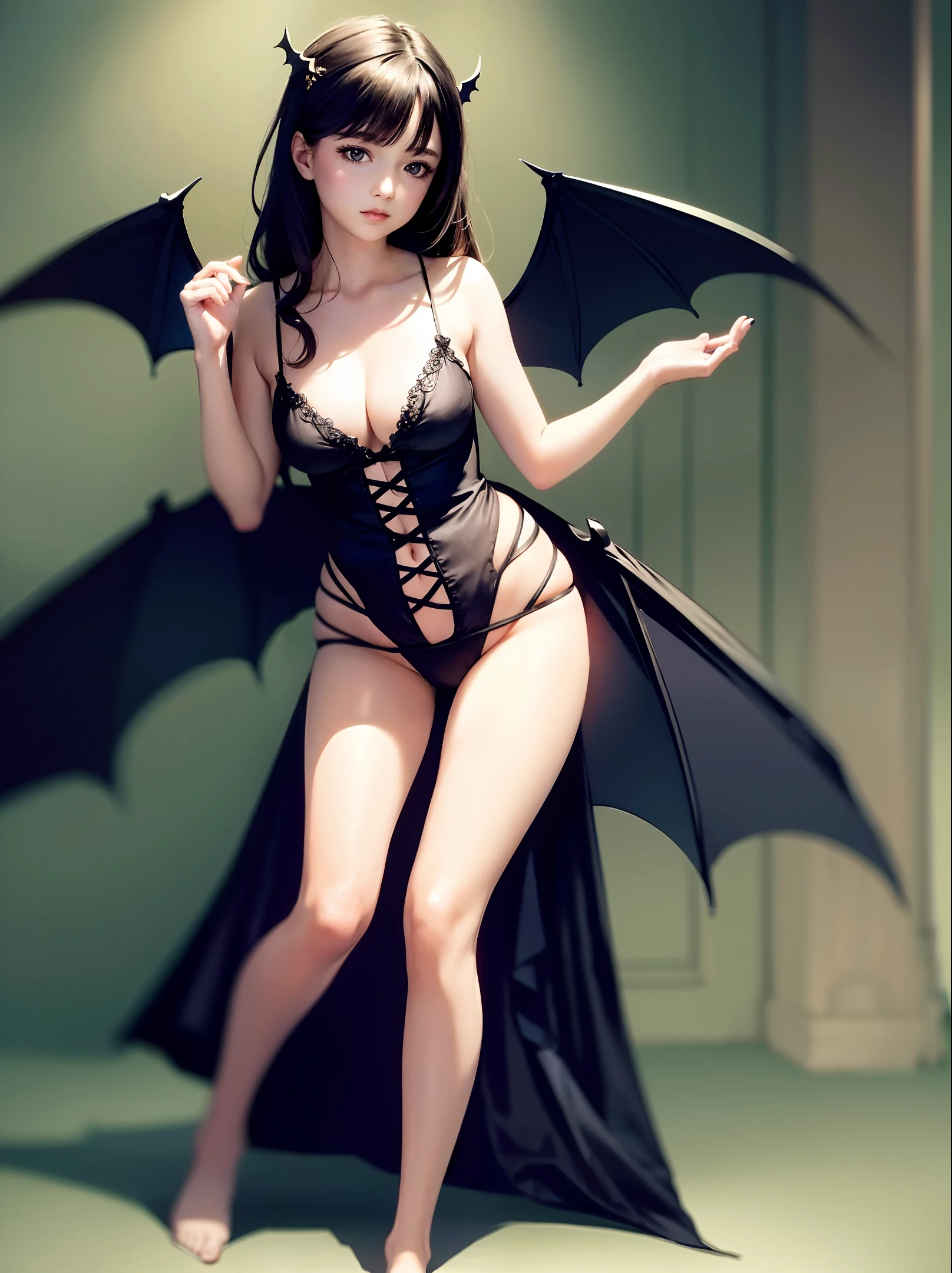 {best quality}, 1girl, full body, {{masterpiece}}, {highres}, {extremely delicate and beautiful}, original, extremely detailed wallpaper, bare shoulders, bat wings,