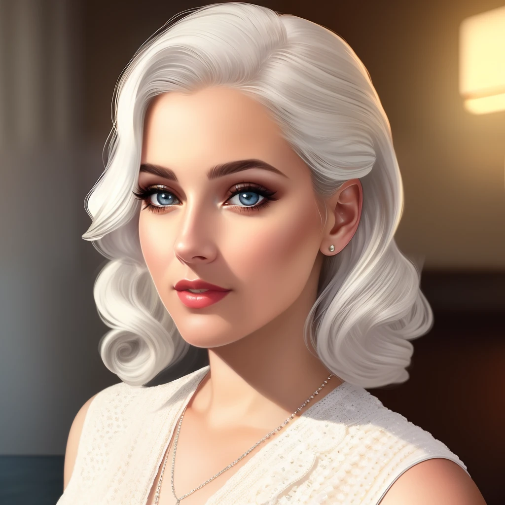 (photorealistic: 1.4), (masterpiece, side lighting, finely detailed beautiful eyes: 1.2), masterpiece*portrait, realistic, detailed face, glowing eyes, glowing hair, glowing skin, solo, relaxed, retro dress, white hair, 60s pin-up style