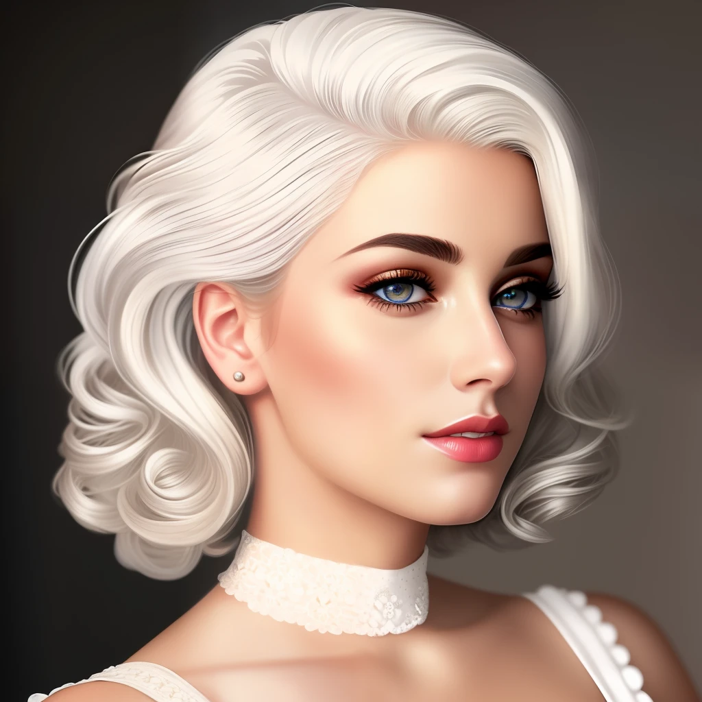 (photorealistic: 1.4), (masterpiece, side lighting, finely detailed beautiful eyes: 1.2), masterpiece*portrait, realistic, detailed face, glowing eyes, glowing hair, glowing skin, solo, relaxed, retro dress, white hair, 60s pin-up style