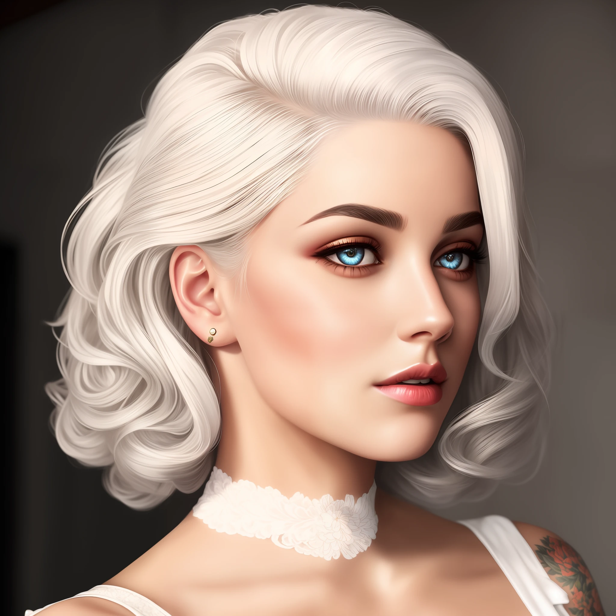 (photorealistic: 1.2), (masterpiece, side lighting, finely detailed beautiful eyes: 1.2), masterpiece*portrait, realistic, detailed face, glowing eyes, glowing hair, glowing skin, solo, relaxed, retro dress, white hair, 60s pin-up style, shoulder and neck tattoo, garage vibe