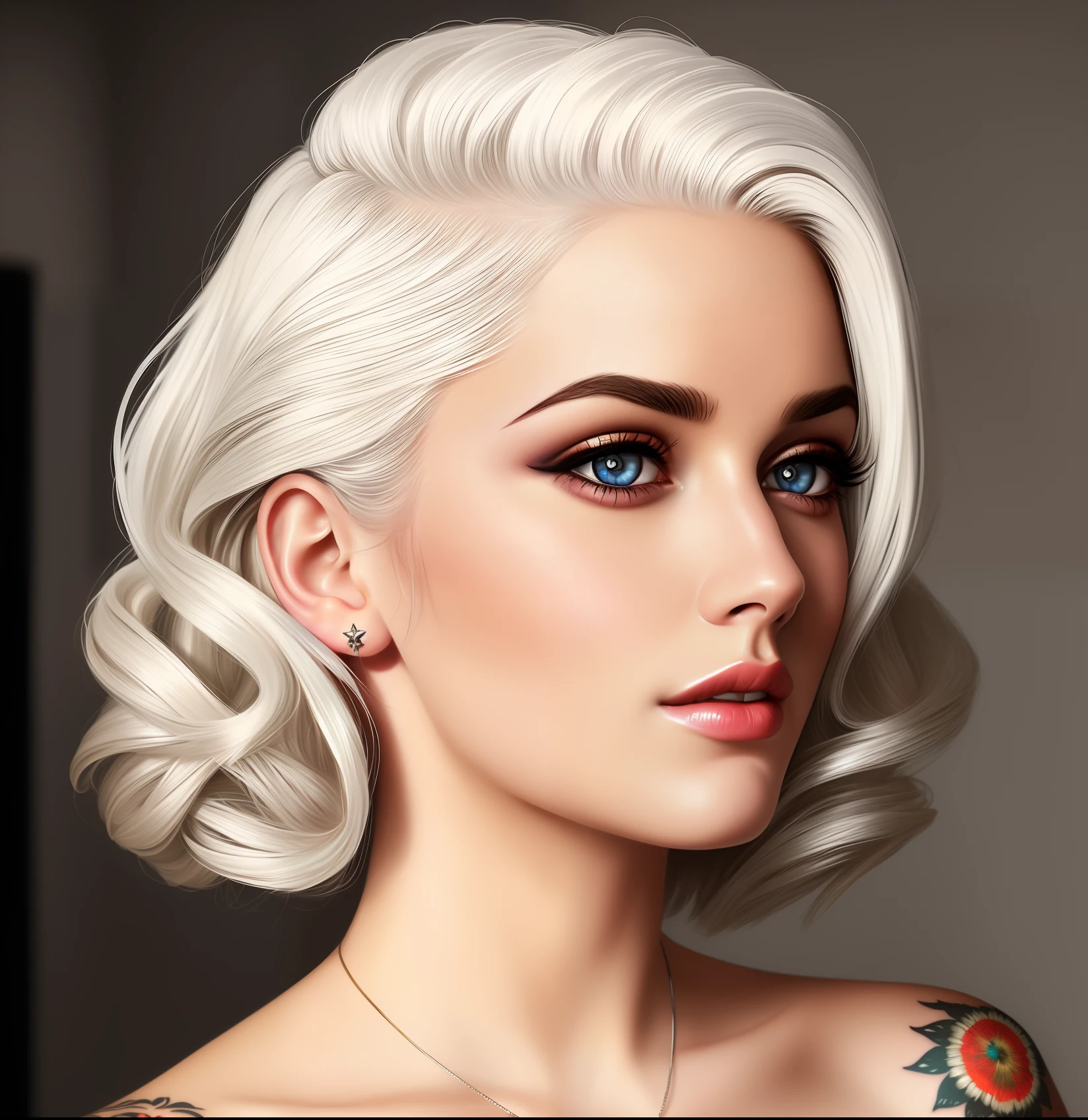 (photorealistic: 1.2), (masterpiece, side lighting, finely detailed beautiful eyes: 1.2), masterpiece*portrait, realistic, detailed face, glowing eyes, glowing hair, glowing skin, solo, relaxed, retro dress, white hair, brown eyes, 60s pin-up style, shoulder and neck tattoo, garage vibe