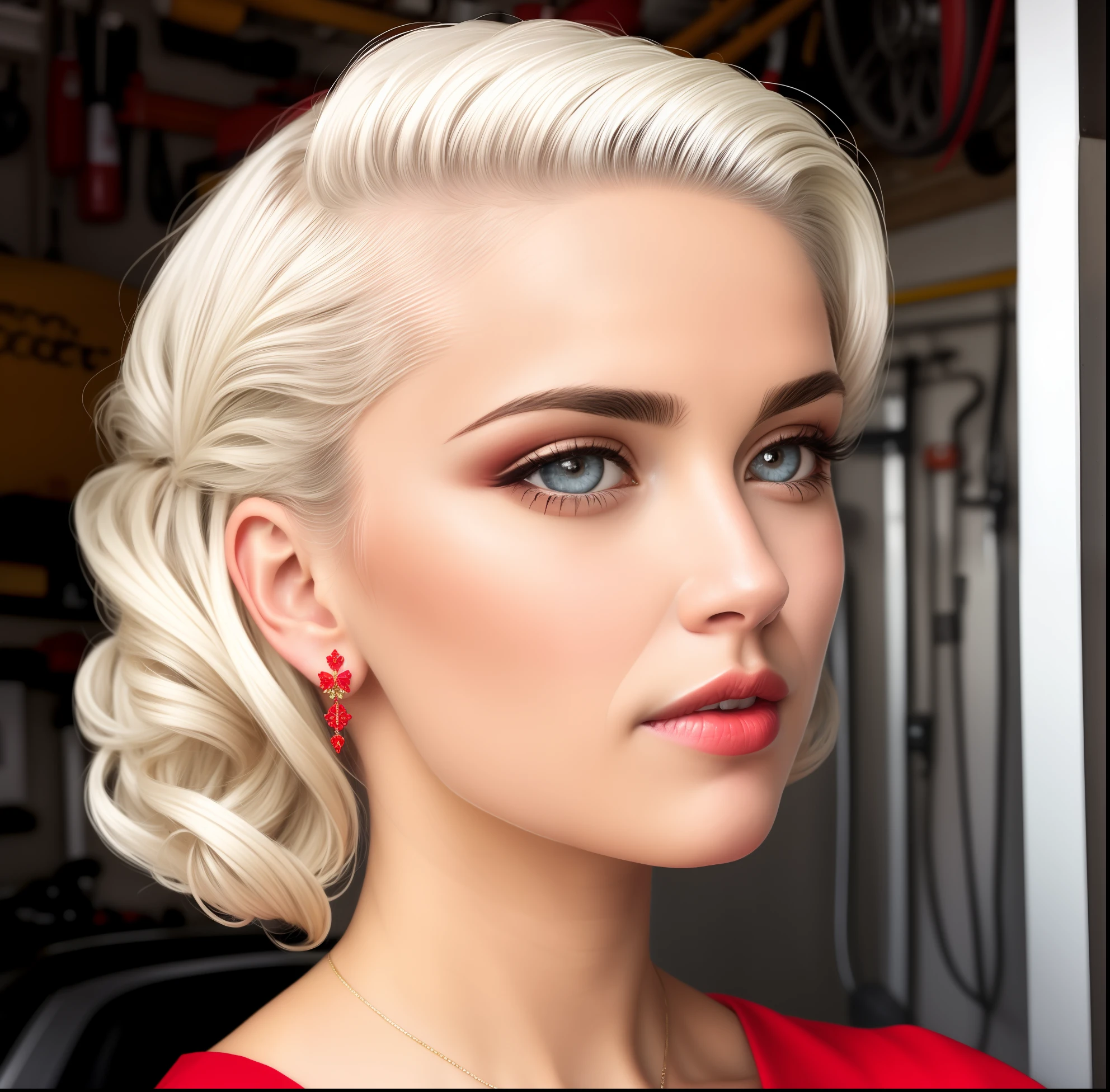 (photorealistic: 1.2), (masterpiece, side lighting, finely detailed beautiful eyes: 1.2), masterpiece*portrait, realistic, detailed face, bright eyes, brown eyes, bright hair, white hair, hair shaved temples, shiny skin, solo, relaxed, retro dress, white hair, brown eyes, 60s pin-up style, shoulder and neck tattoo, garage vibes, red dress