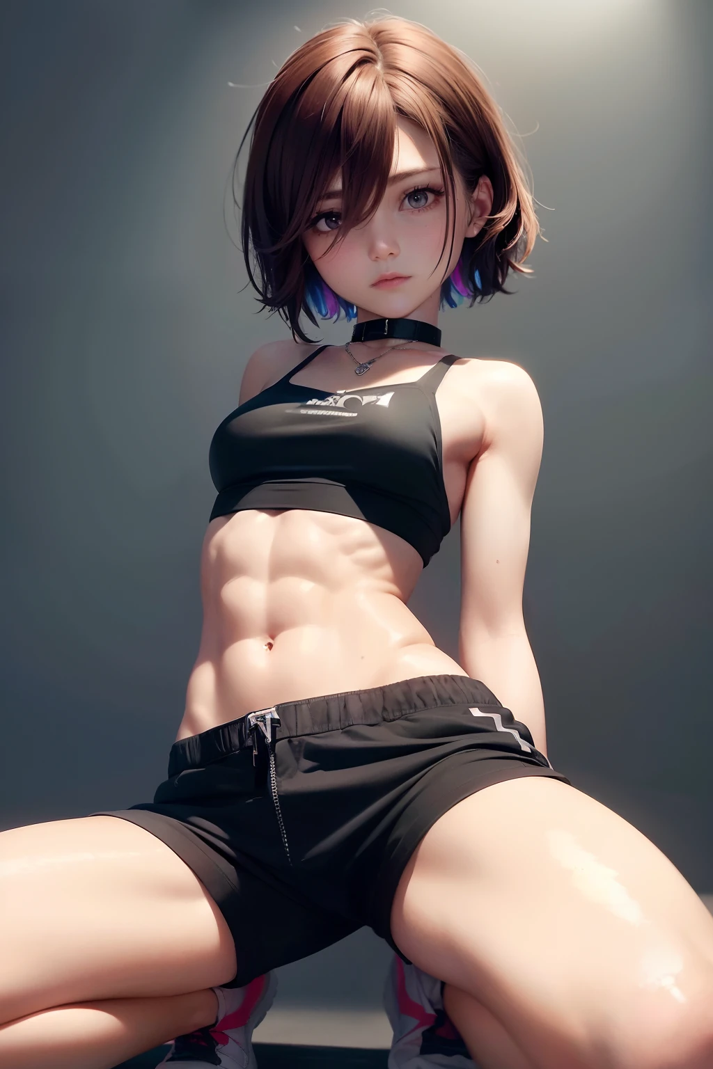 ((medium chest, tomboy, small head)), (cut abs: 1.1), (perfect body: 1.1), (short wavy hair: 1.2), auburn hair, collar, chain, full body, workout , sweat, femboy, futa ((shorts)), (extremely detailed CG 8k wallpaper), (extremely delicate and beautiful), (masterpiece), (best quality: 1.0), (ultra high resolution: 1.0), beautiful lighting, perfect lightning, realistic shadows, [high resolution], detailed skin, super detailed (((colorful)))