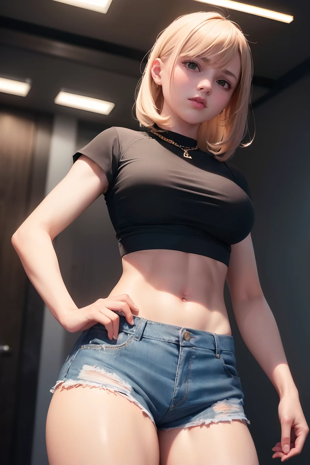 ((big breasts, tomboy, small head)), (cut abs: 1.1), (perfect body: 1.1), (short wavy hair: 1.2), blonde, collar, chain, full body, workout, sweat, femboy, futa ((shorts)), (extremely detailed CG 8k wallpaper), (extremely delicate and beautiful), (masterpiece), (best quality: 1.0), (ultra high resolution: 1.0), beautiful lighting, perfect lightning, Realistic shadows, [high resolution] detailed skin, super detailed (((color)))