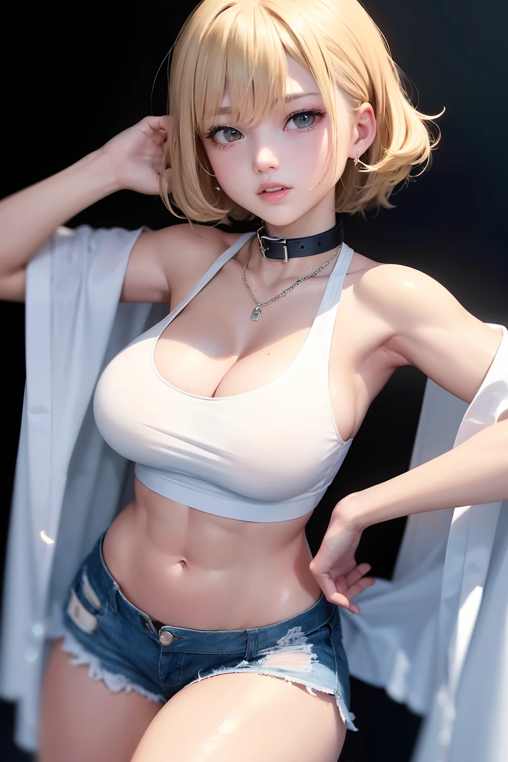 ((big breasts, tomboy, small head)), (cut abs: 1.1), (perfect body: 1.1), (short wavy hair: 1.2), blonde, collar, chain, full body, workout, sweat, femboy, oval face , ahegao, Aheiyan, futa ((shorts)), (extremely detailed CG 8k wallpaper), (extremely delicate and beautiful), (masterpiece), (best quality: 1.0), (super high resolution: 1.0), Beautiful lighting, perfect lightning, realistic shadows, [high resolution] detailed skin, super detailed (((color)))
