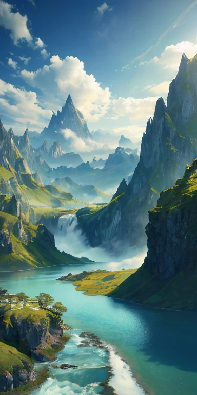 A masterpiece of ultra-detailed CG unity 8k wallpaper uses realistic style: a breathtaking landscape with a frigid mountain peak towering above and a warm valley below, featuring all the distinct geological features of glacial action. The stark mountain peaks rise out of the bedrock, forming a classic U-shaped valley, with signs of life scattered throughout the valley, including dark-leafed trees, while mosses and lichens blanket the higher elevations. The wind here is clearly fierce, scouring rock and shale, and the landscape is filled with blue splashes and leaves dancing in the wind under volumetric light, making this an awe-inspiring scene to behold.