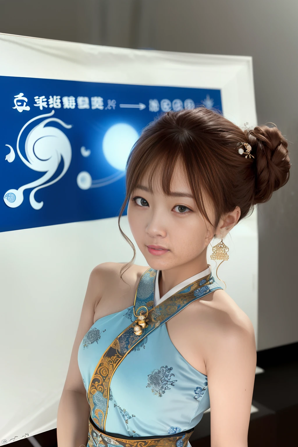 (Portrait: 1.4), Masterpiece, Best Quality, High Resolution, Long Brown Updo, (Looking at Viewer: 1.3), jewelry hairpin, breasts, yin and yang points, outside, (Song typeface, Song Fu, printed on Song and Han clothing light blue Color: 0.9), Saiga 1