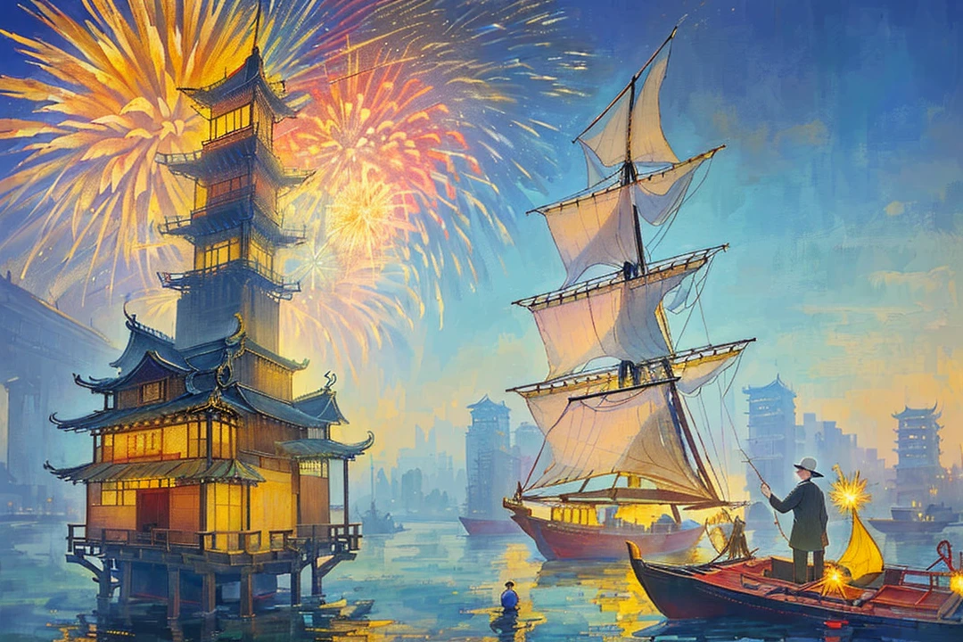 (Prompt: (Masterpiece), best quality, ultra-detailed, The old man bids farewell to the Yellow Crane Tower in the west, the fireworks go down to Yangzhou in March, the lonely sail is far away, the blue sky is gone, only the sky of the Yangtze River flows
