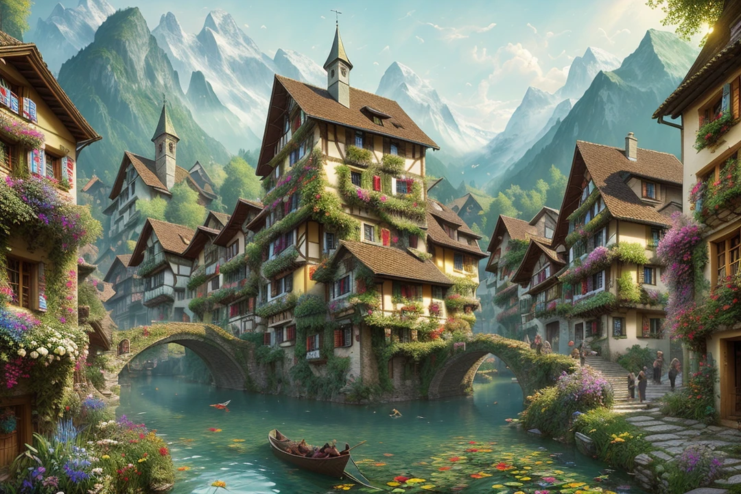 Sharp detail, a medieval village in Switzerland, chaotic jungle in the background, ornate, beautiful, atmosphere, atmosphere, flowers, concept art illustration, greg rutowski, volumetric lighting, sunlight, particles, colorful clothes, Jean-Baptiste Monge, Gilles Beloeil, Tyler Edlin, Marek Okon, Pixar, album art, comic style, golden ratio, perfect composition, a masterstation, trending on artstation, oversaturated, epic realistic, hdr, intricate details, rutkowski, intricate, cinematic, detailed