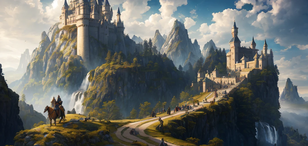 Masterpiece, best quality, high quality, extremely detailed CG unity 8k wallpaper, landscape, outdoor, sky, cloud, day, mountain, scenery, water, tree, blue sky, waterfall, cliff, nature, lake, river, cloudy sky, award winning photography, bokeh, depth of field, HDR, bloom, chromatic aberration, photorealism, highly detailed, trending on artstation, trending on CGsociety, intricate, high detail, dramatic, halfway art, castle on a hill, huge White Pine, Blonde Priest on Sturdy Horseback, Lightly Armored Warrior, Victorian Style