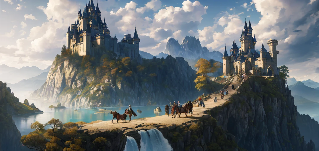 Masterpiece, best quality, high quality, extremely detailed CG unity 8k wallpaper, landscape, outdoor, sky, cloud, day, mountain, scenery, water, tree, blue sky, waterfall, cliff, nature, lake, river, cloudy sky, award winning photography, bokeh, depth of field, HDR, bloom, chromatic aberration, photorealism, very detailed, trends on artstation, trends on CGsociety, intricate, high detail, dramatic, halfway art, castle on a hill, huge White Pine, Blonde Priest on Sturdy Horseback, Lightly Armored Warrior, Victorian Style