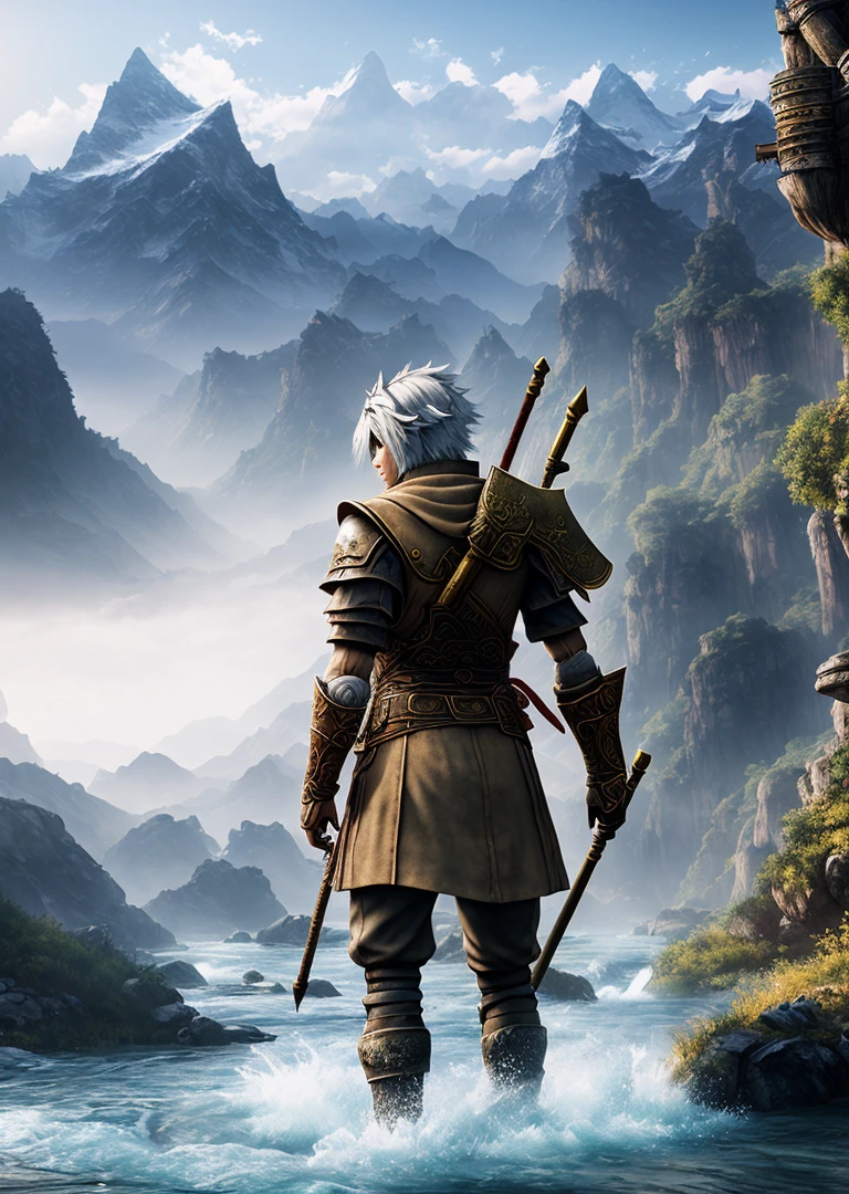 Era of Nier, Sun Wukong, realistic, mountains and flowing water background, wolf clothing, blurred background, unreal quality