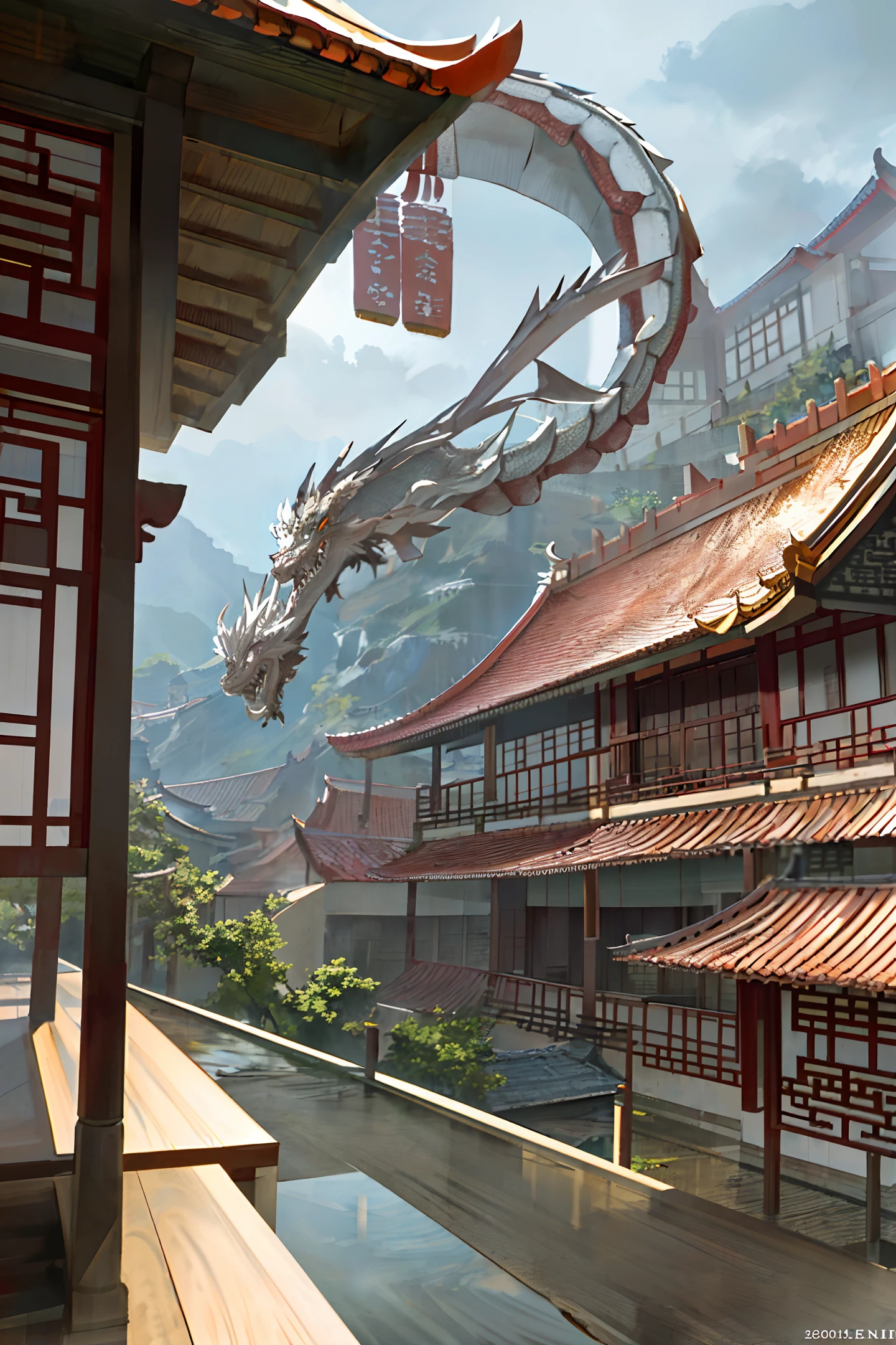 (Dragon on the roof), (Chinese dragon), rainy day, no wings, ancient buildings, overlooking, people, running, thunder and lightning, high-definition pictures