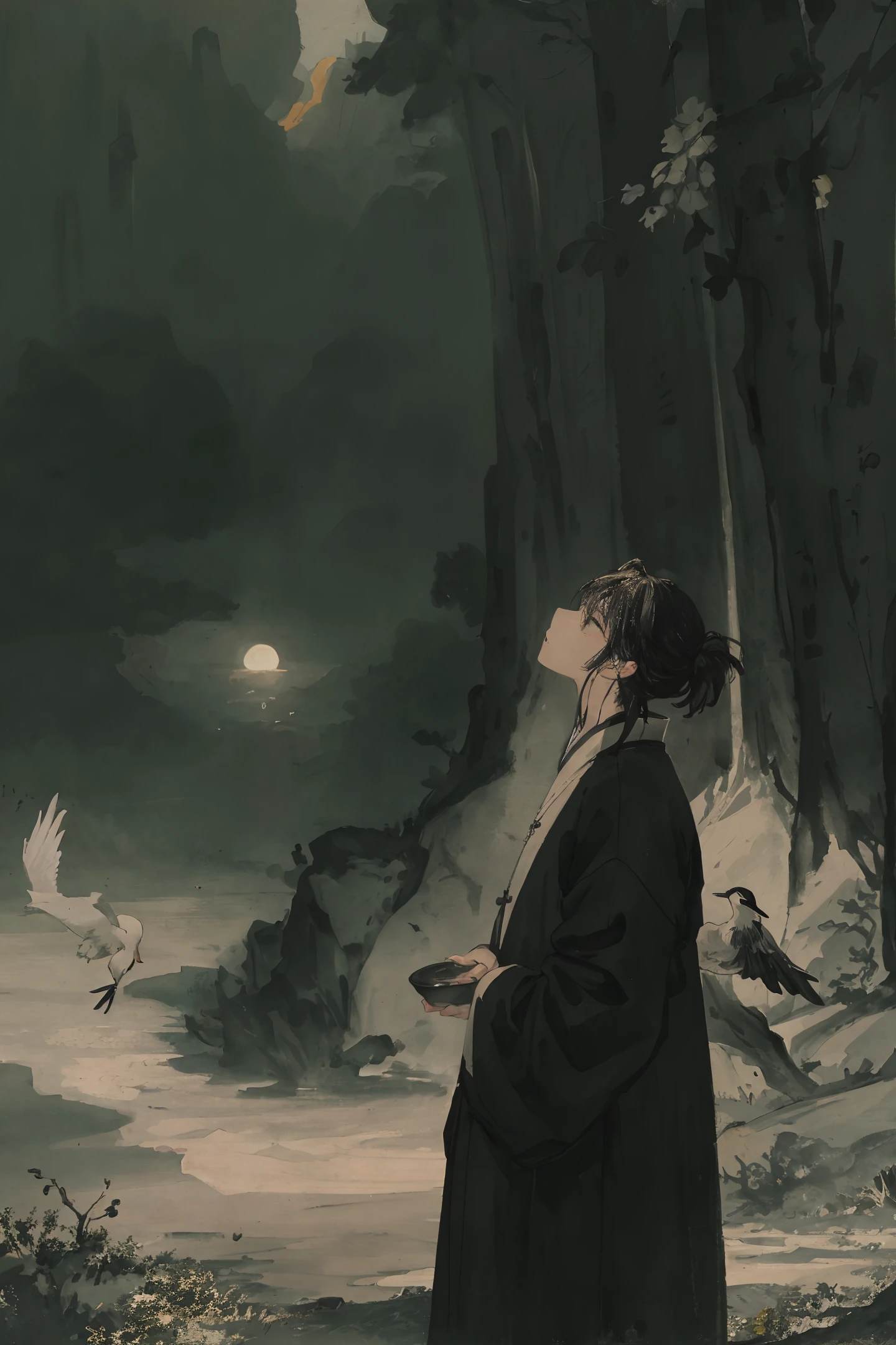 masterpiece, best quality, a handsome, mysterious boy,an extremely delicate and mysterious ,the feet are auspicious clouds, three cranes flew underfoot, sunset, ultra-detailed, highly detailed, best quality,black song dynasty clothes, black hair, highres, extremely detailed,1boy, best quality,look serious, illustration, back to viewer, impasto, canvas, oil painting, fantasism, fantasism,Wine bowl