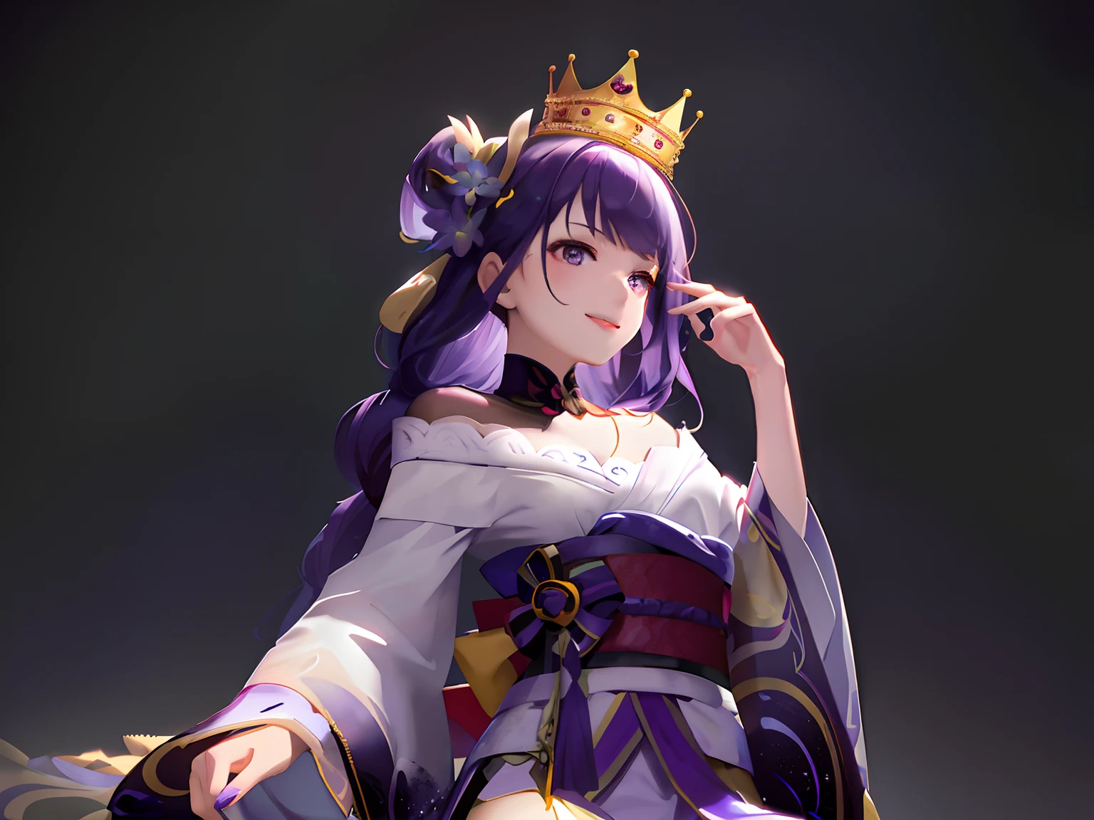 Girl with purple hair in a crown with a warm smile