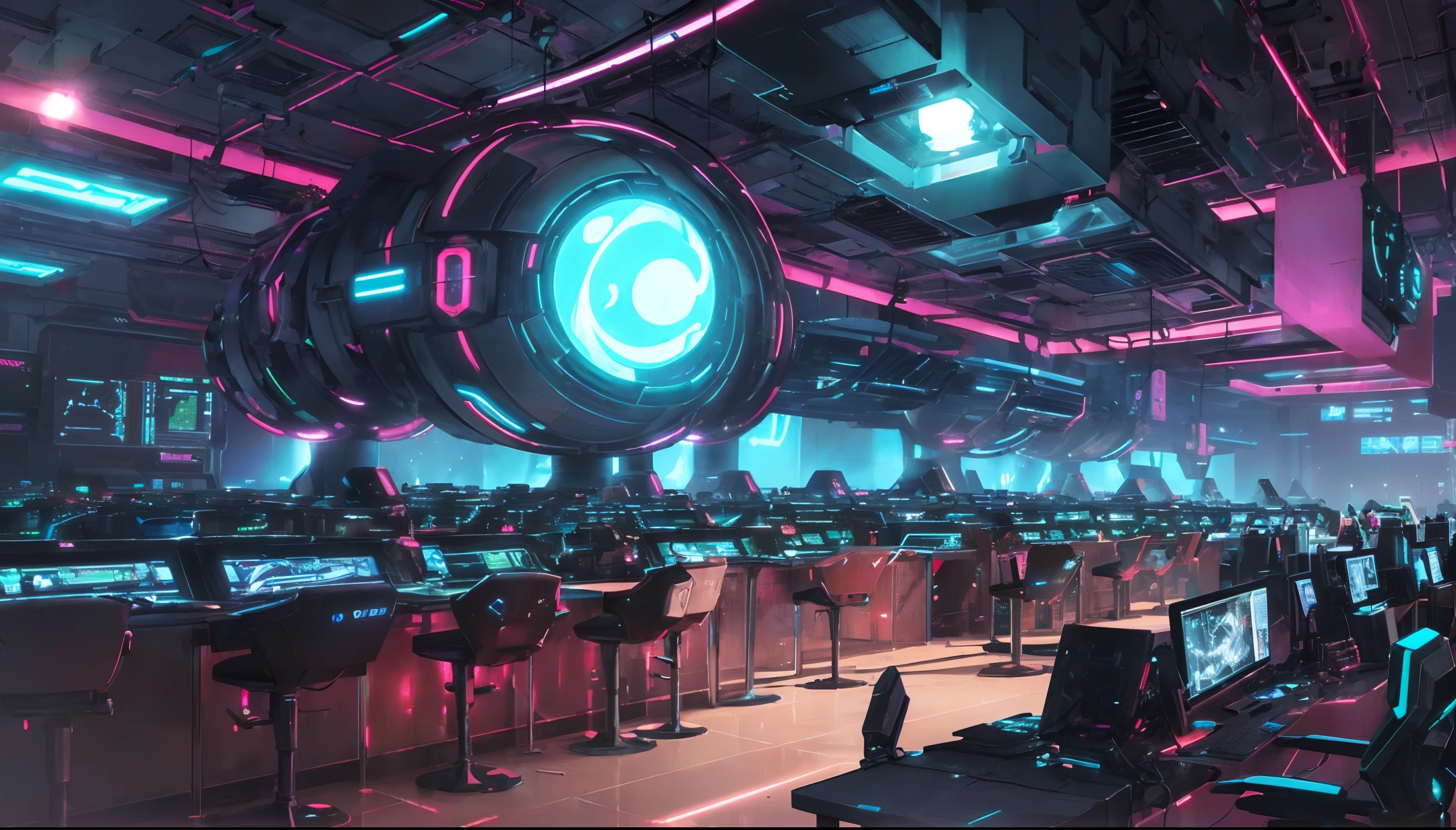 Futuristic technology style, ((mysterious glowing ball)), mechanical, (cyberpunk), main control room, drone, computer, (virtual projection), realistic lighting, (abyss) masterpiece, high quality, beautiful graphics, high detail,