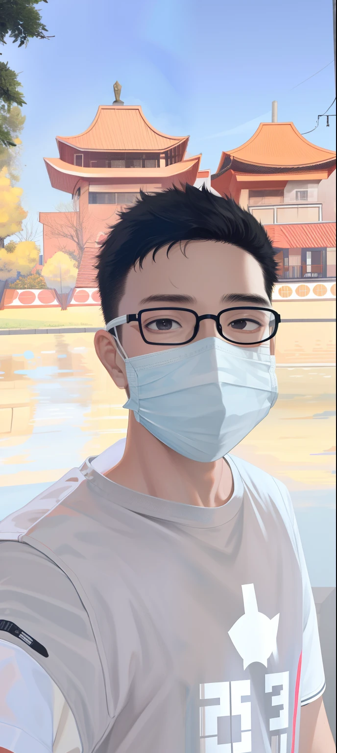 ((masterpiece:1.2, best quality)), 4k, 1boy, short black hair, black eyes, short sleeves, face, close-up, mask, glasses