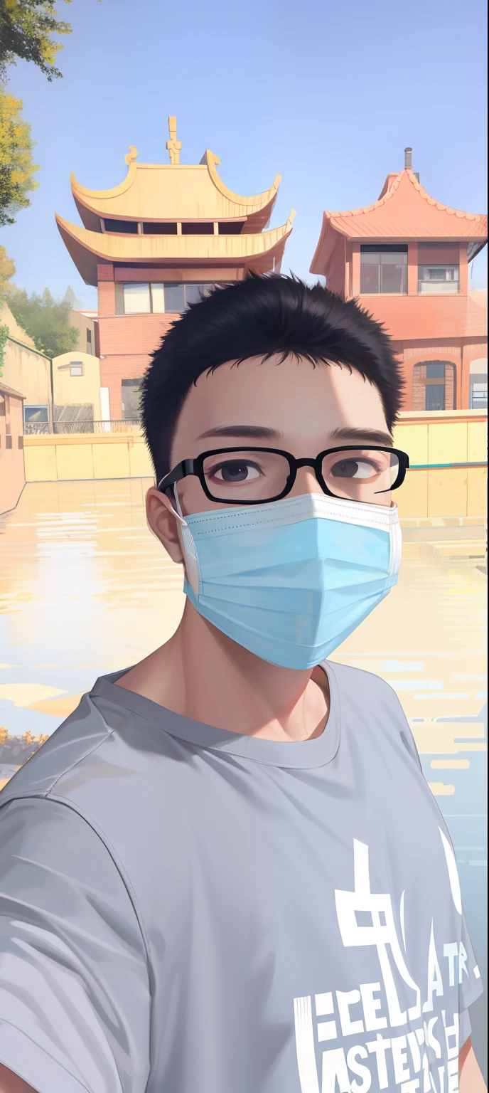 ((masterpiece:1.2, best quality)), 4k, 1boy, short black hair, black eyes, short sleeves, face, close-up, mask, glasses