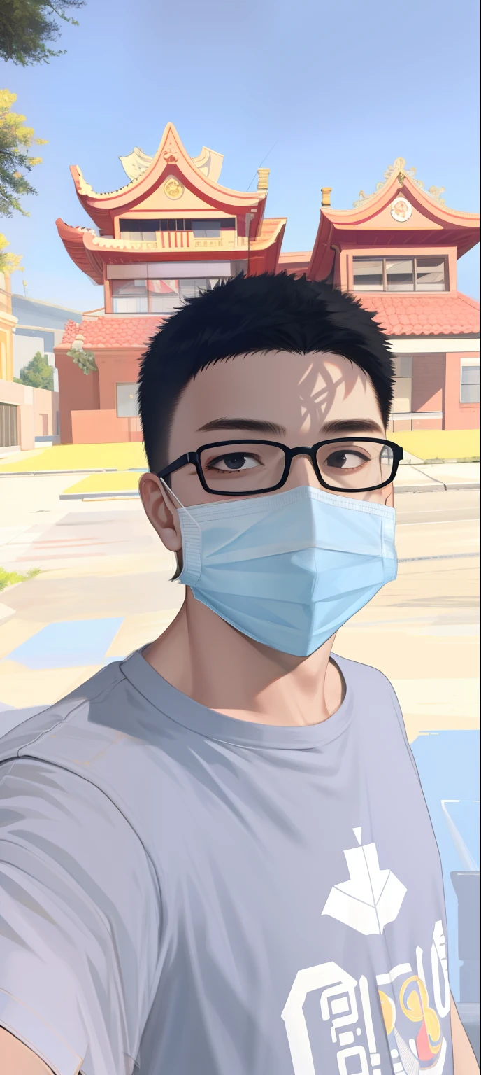 ((masterpiece:1.2, best quality)), 4k, 1boy, short black hair, black eyes, short sleeves, face, close-up, mask, glasses