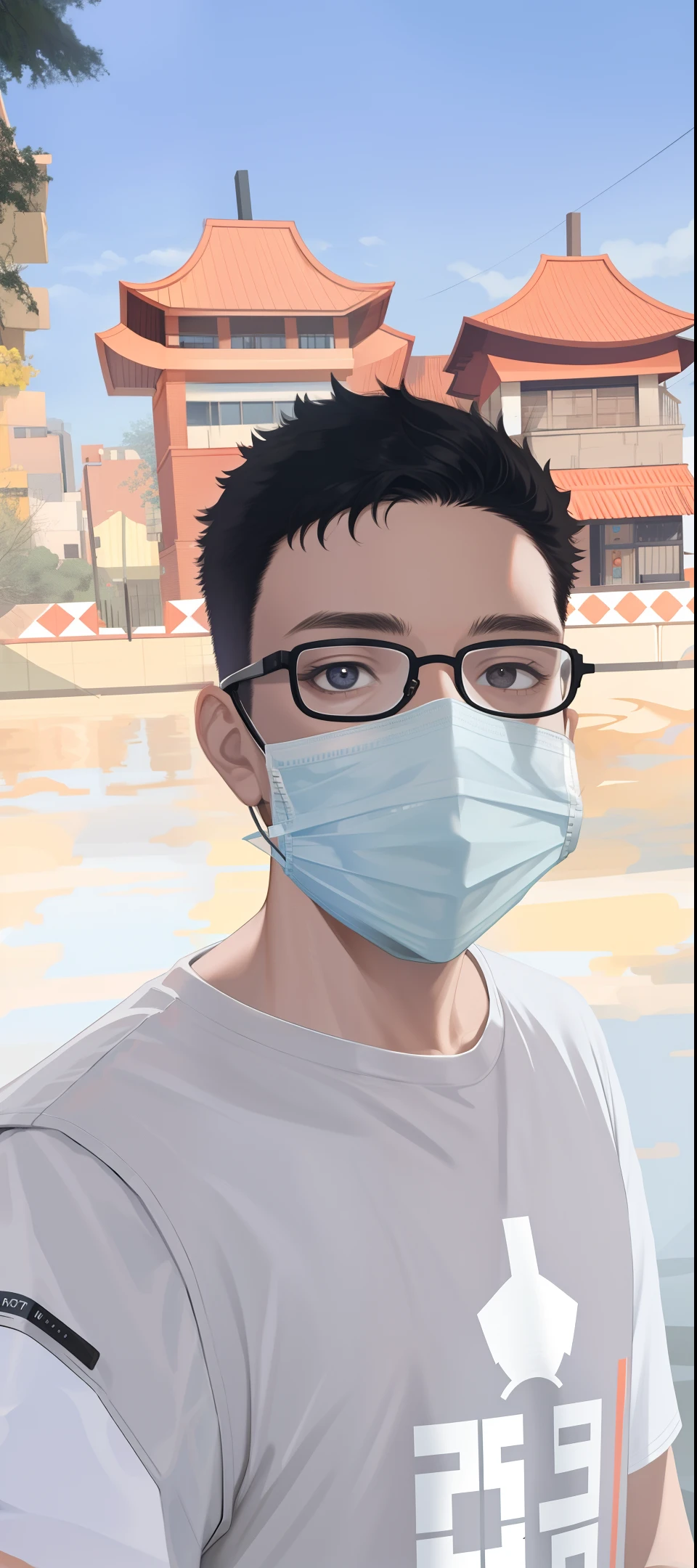 ((masterpiece:1.2, best quality)), 4k, 1boy, black short hair, dark circles, short sleeves, face, close-up, mask, glasses