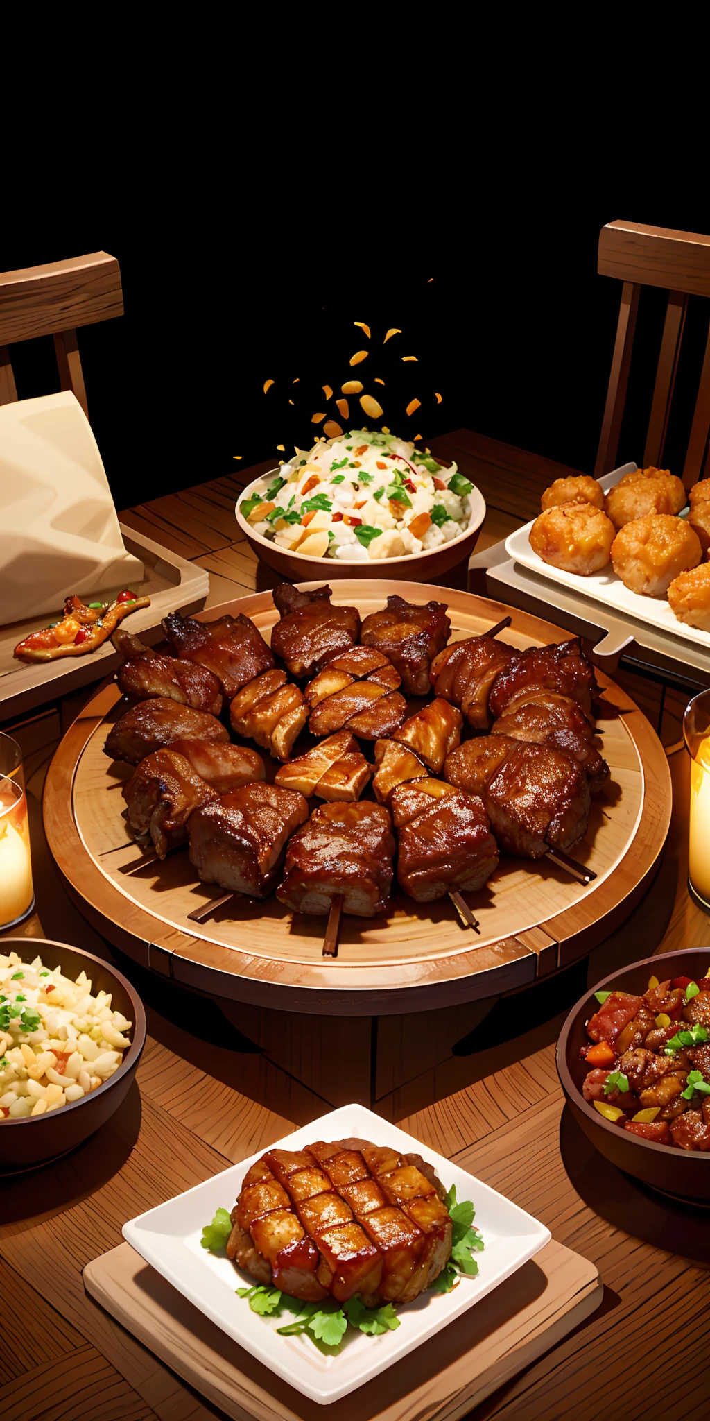 an amazing photo of delicious juicy fried barbecue, food photography, gourmet, steaming, top-down view, wooden table with natural deco and fabric, garnish on the table, intricate detail, 8k resolution, studio light, Michelin art kitchen style