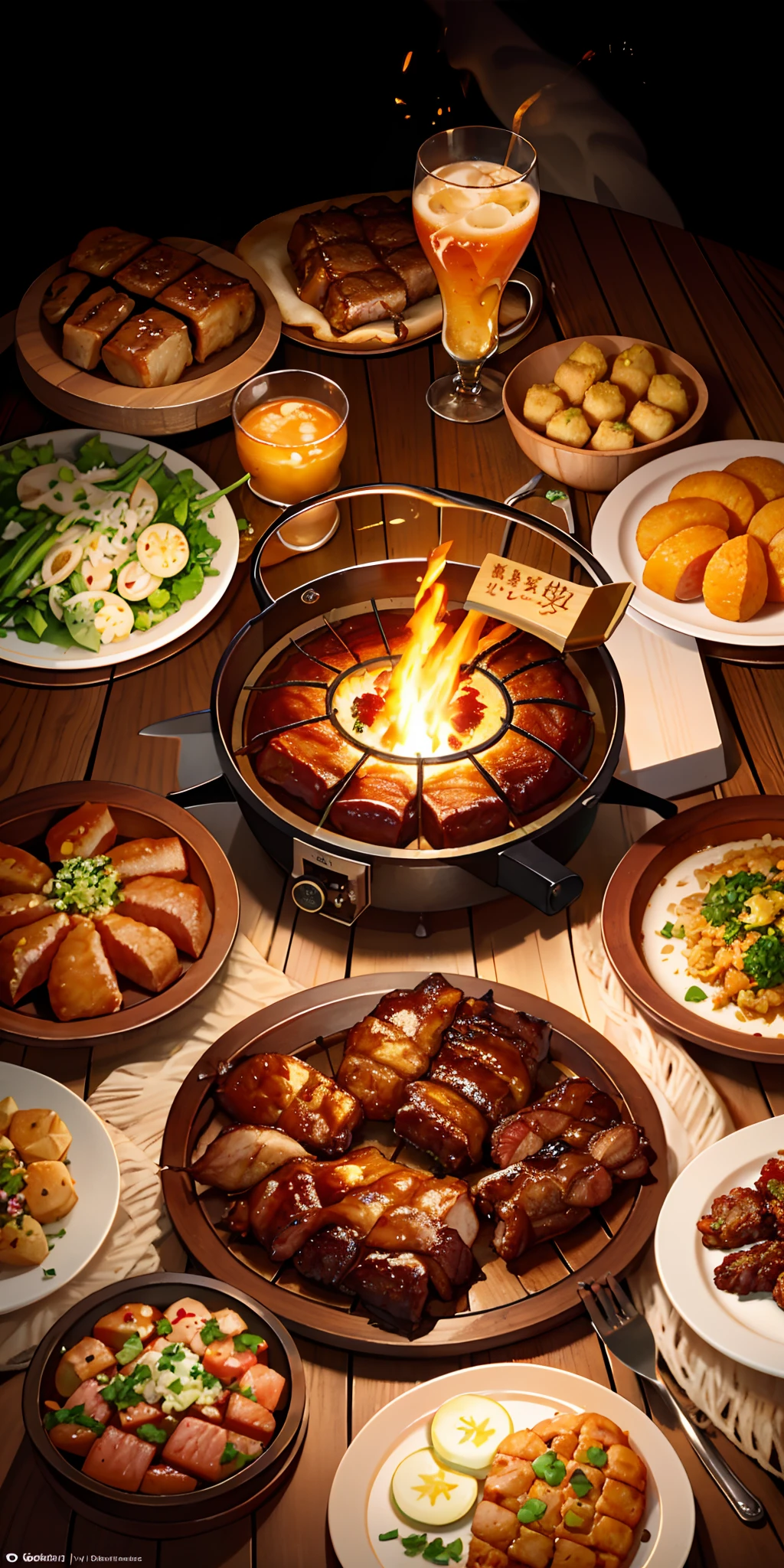 an amazing photo of delicious juicy fried barbecue, food photography, gourmet, steaming, top-down view, wooden table with natural deco and fabric, garnish on the table, intricate detail, 8k resolution, studio light, Michelin art kitchen style