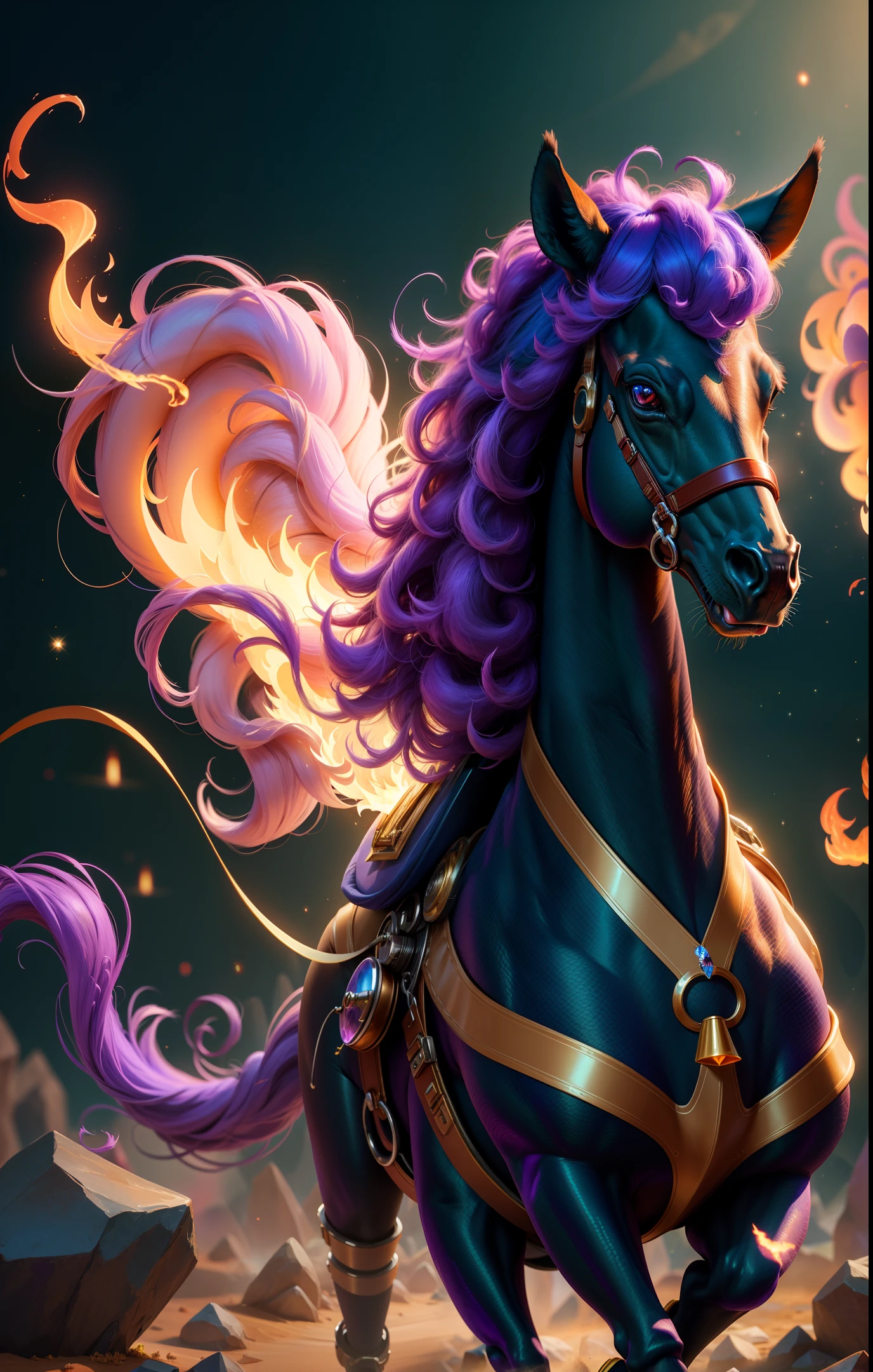 (extremely detailed CG unity 8k wallpaper, masterpiece, best quality, super detailed, pokemon, furry, simple background, solid color background), little fire pony, extremely delicate and beautiful black monster, red scarf, dynamic angle, unicorn, Purple Flame, Dynamic Pose, (1 Creature), (Purple Hair: 1.2), (Weird Space: 1.2), Golden Hour Light, Volume Light, Cowboy Lens.