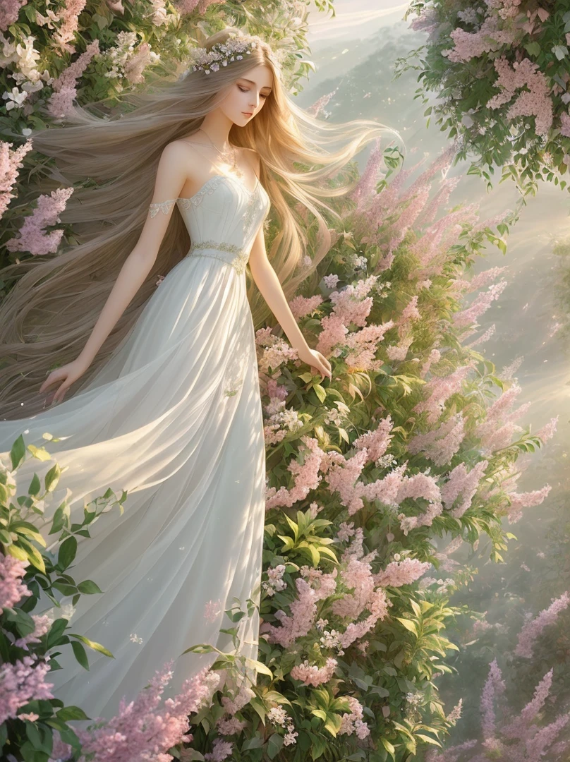 (exquisite artwork, high-quality CG unity wallpaper, best illustration),(best lighting effects, best shadow effects, an extremely delicate and beautiful),(floating, dynamic angle, detailed pose, 1 female character),(long flowing hair: 1.3, bright eyes, elegant outfit, delicate accessories),(surrounded by flowers and plants, soft lighting, warm colors, peaceful atmosphere):(dimensionality)