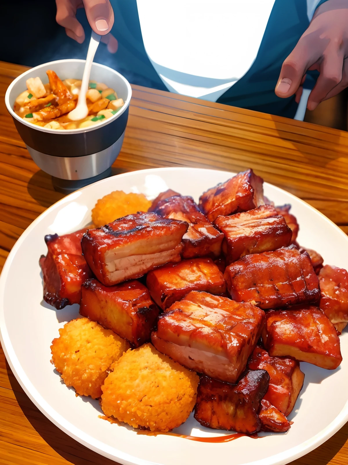 (best quality: 1.4), anime, uicy fried barbecue, creating a warm and inviting atmosphere, realized as a high-resolution photograph with a macro lens, using natural lighting and a shallow depth of field for a mouthwatering effect