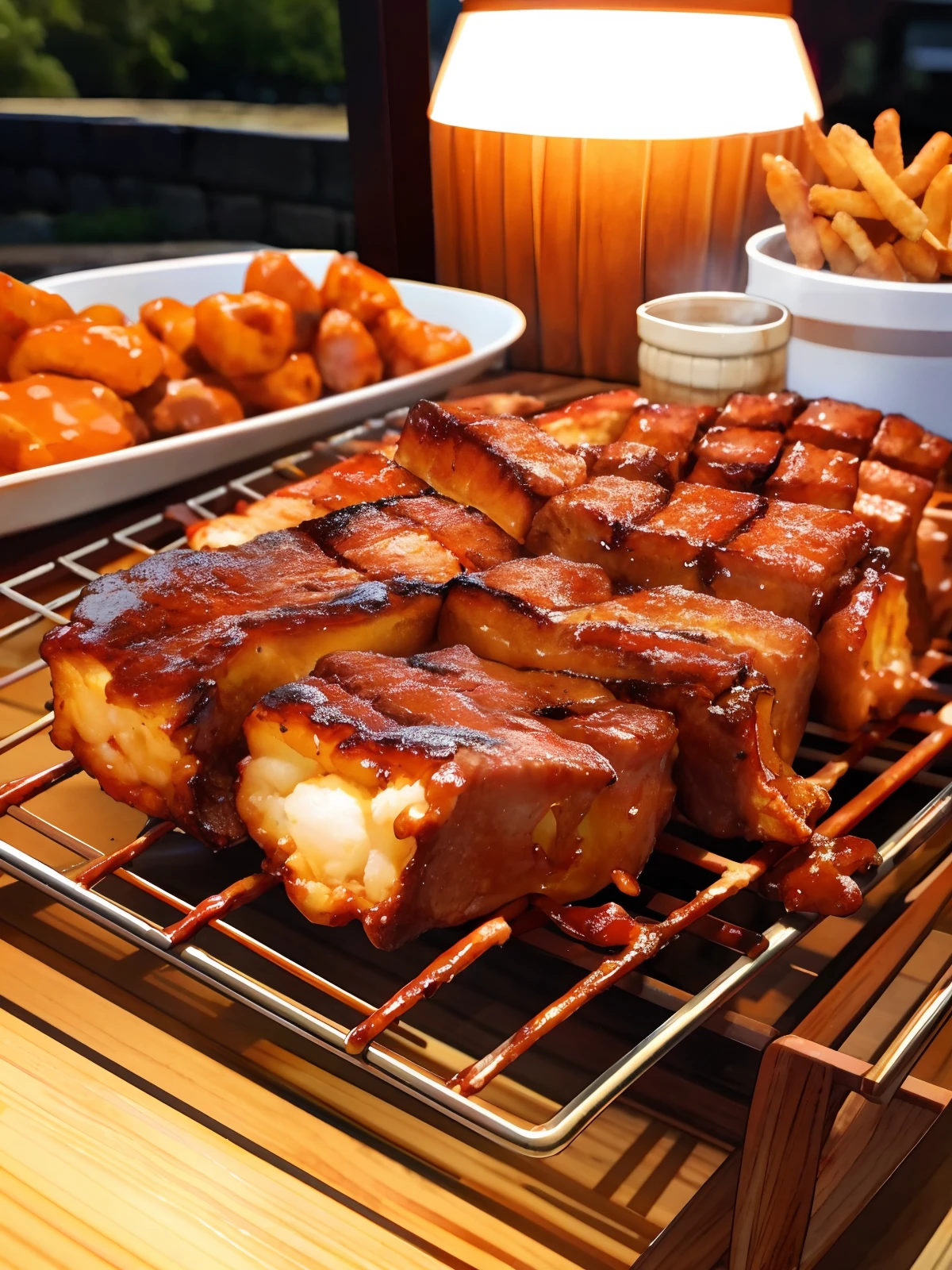 (best quality: 1.4), anime, uicy fried barbecue, creating a warm and inviting atmosphere, realized as a high-resolution photograph with a macro lens, using natural lighting and a shallow depth of field for a mouthwatering effect