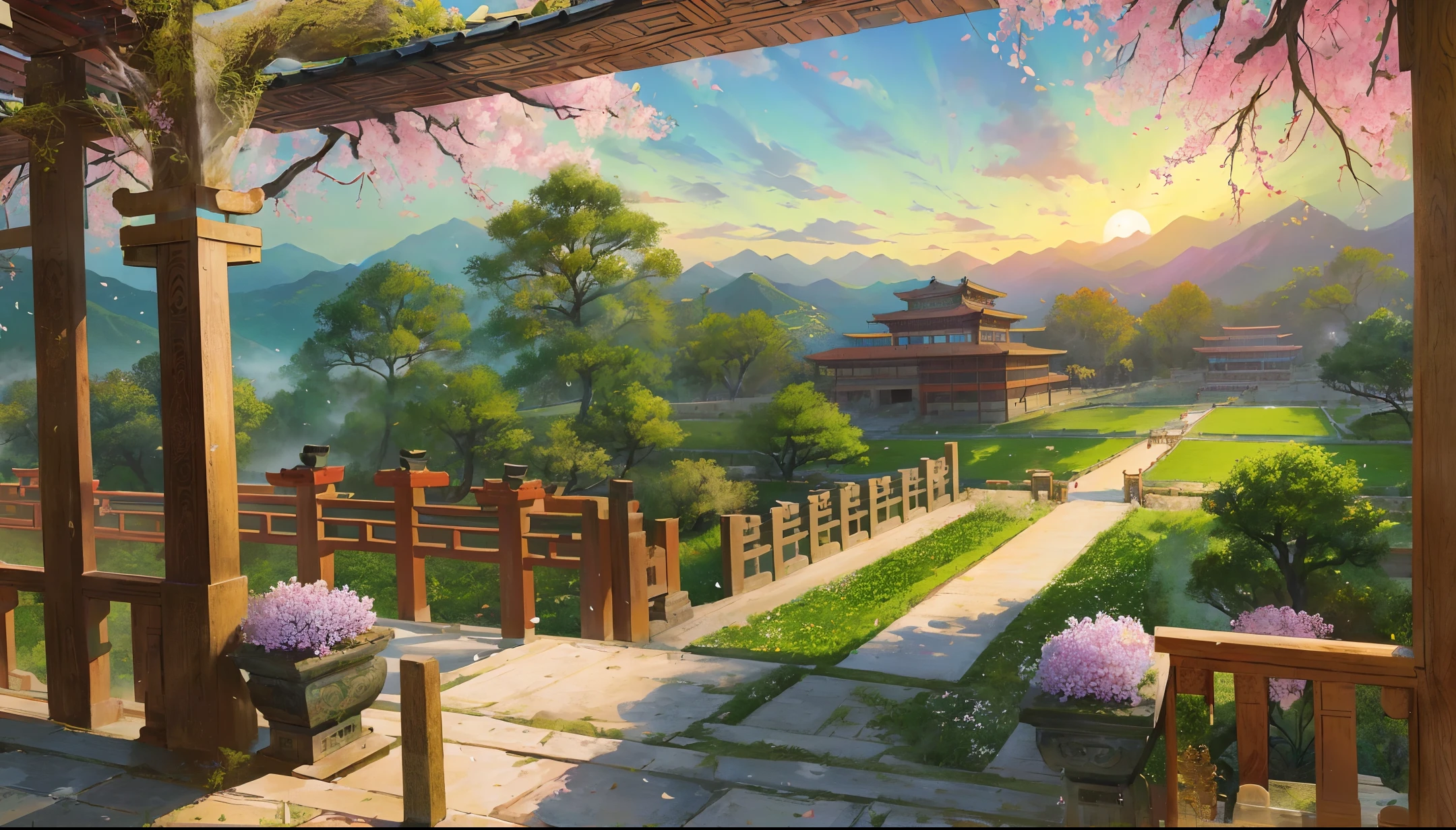 Ancient Chinese landscapes, ((Lishan Huaqing Palace)), (green trees), (ancient Chang 'an ), (brocade), the palace on the top of the mountain overlapping, a palace door opened in turn, ((flowers)), beautiful scenery, realistic lighting, masterpiece, high quality, beautiful graphics, high detail,
