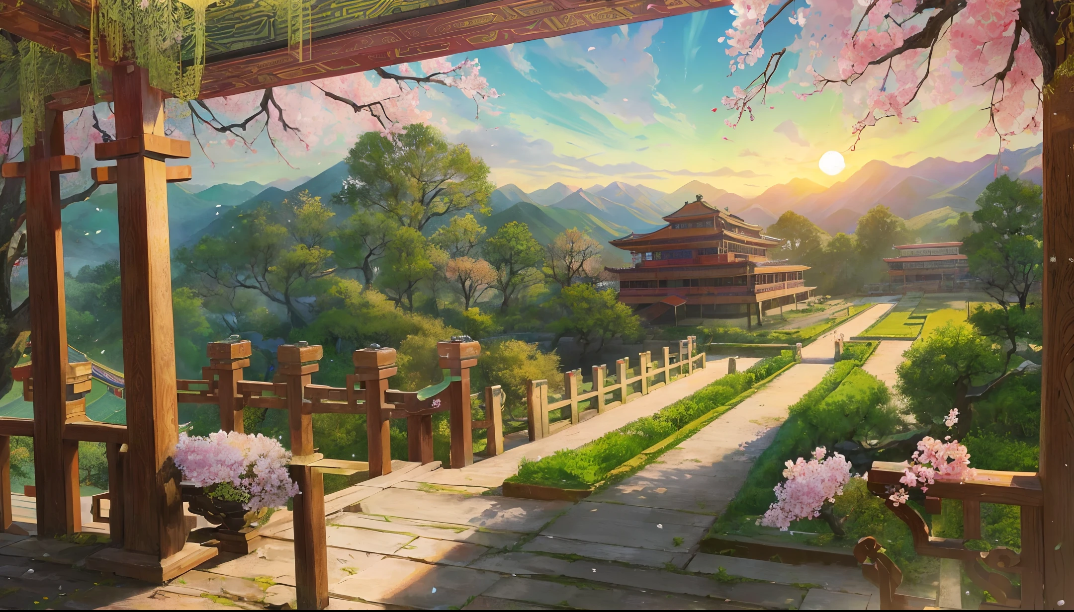Ancient Chinese landscapes, ((Lishan Huaqing Palace)), (green trees), (ancient Chang 'an ), (brocade), the palace on the top of the mountain overlapping, a palace door opened in turn, ((flowers)), beautiful scenery, realistic lighting, masterpiece, high quality, beautiful graphics, high detail,