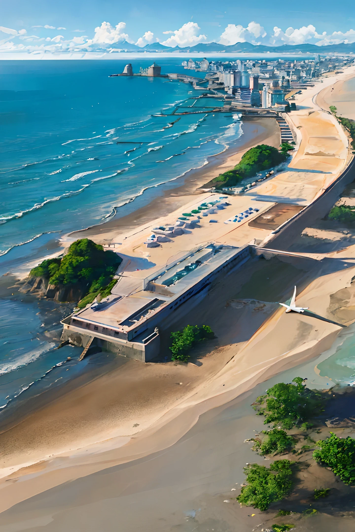 Aerial view, asymmetry, blue ocean, low tide, waves, coastal road, beach, pier, sailboat, yacht, stern, tracks, cars, tourists, lighthouse, seagulls, horizon breeze, summer, morning, sunny, clouds, calm, fresh air, depth of field