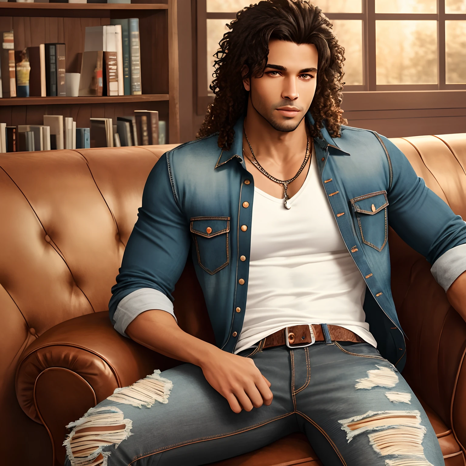 adult extremely muscular male, light brown skin, long curly black hair, wearing ripped blue jeans, wearing plaid flannel shirt, leaning on leather chair, in wood paneled lounge room, dim light, 8k, Unreal engine, highly detailed, photorealistic
