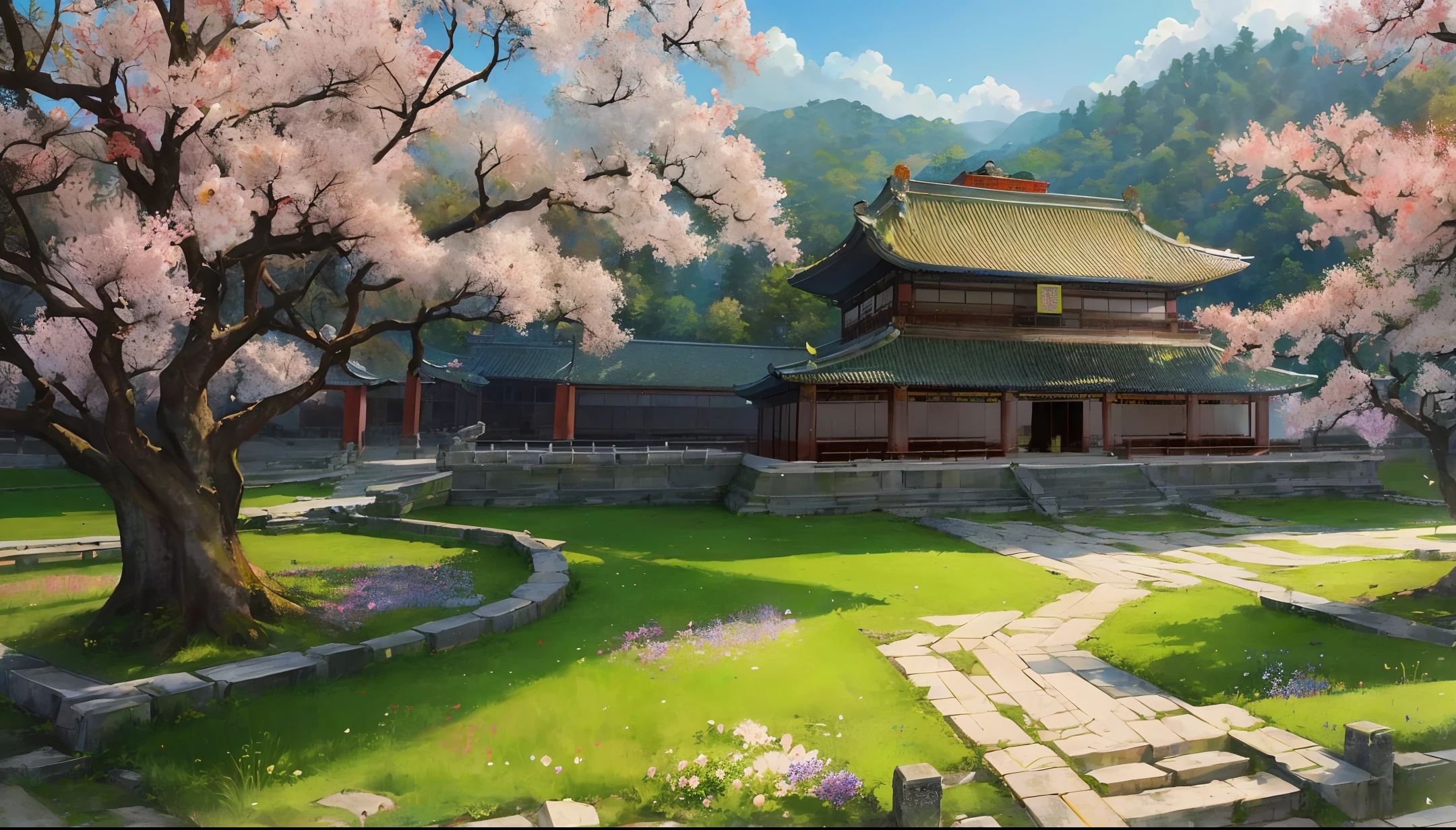 Ancient Chinese landscapes, ((Lishan Huaqing Palace)), (green trees), (ancient Chang 'an ), (brocade), the palace on the top of the mountain overlapping, a palace door opened in turn, ((flowers)), beautiful scenery, realistic lighting, masterpiece, high quality, beautiful graphics, high detail,