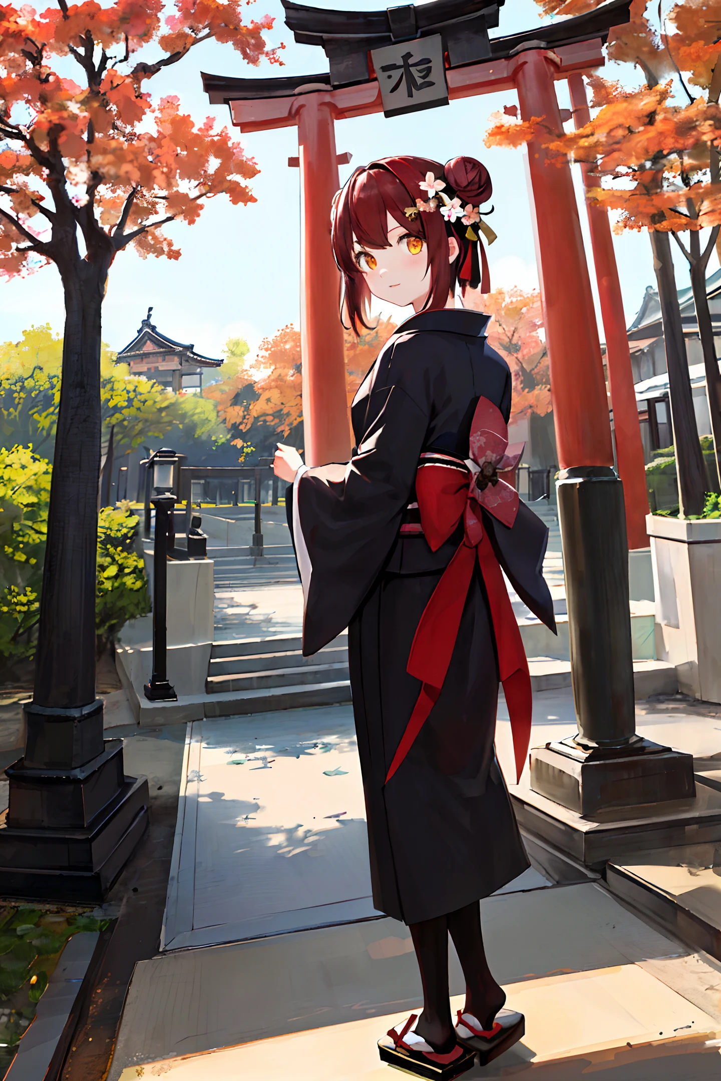 ((masterpiece,best quality)),2girls, black kimono, black legwear, black ribbon, black hair, cherry blossoms, day, flower, hair bun, hair ribbon, japanese clothes, kimono, long hair, looking at viewer, looking back , multiple girls, belts, outdoors, red eyes, red hair, ribbon, sandals, single bun, stairs, standing, statue, torii, tree, white kimono, yellow eyes