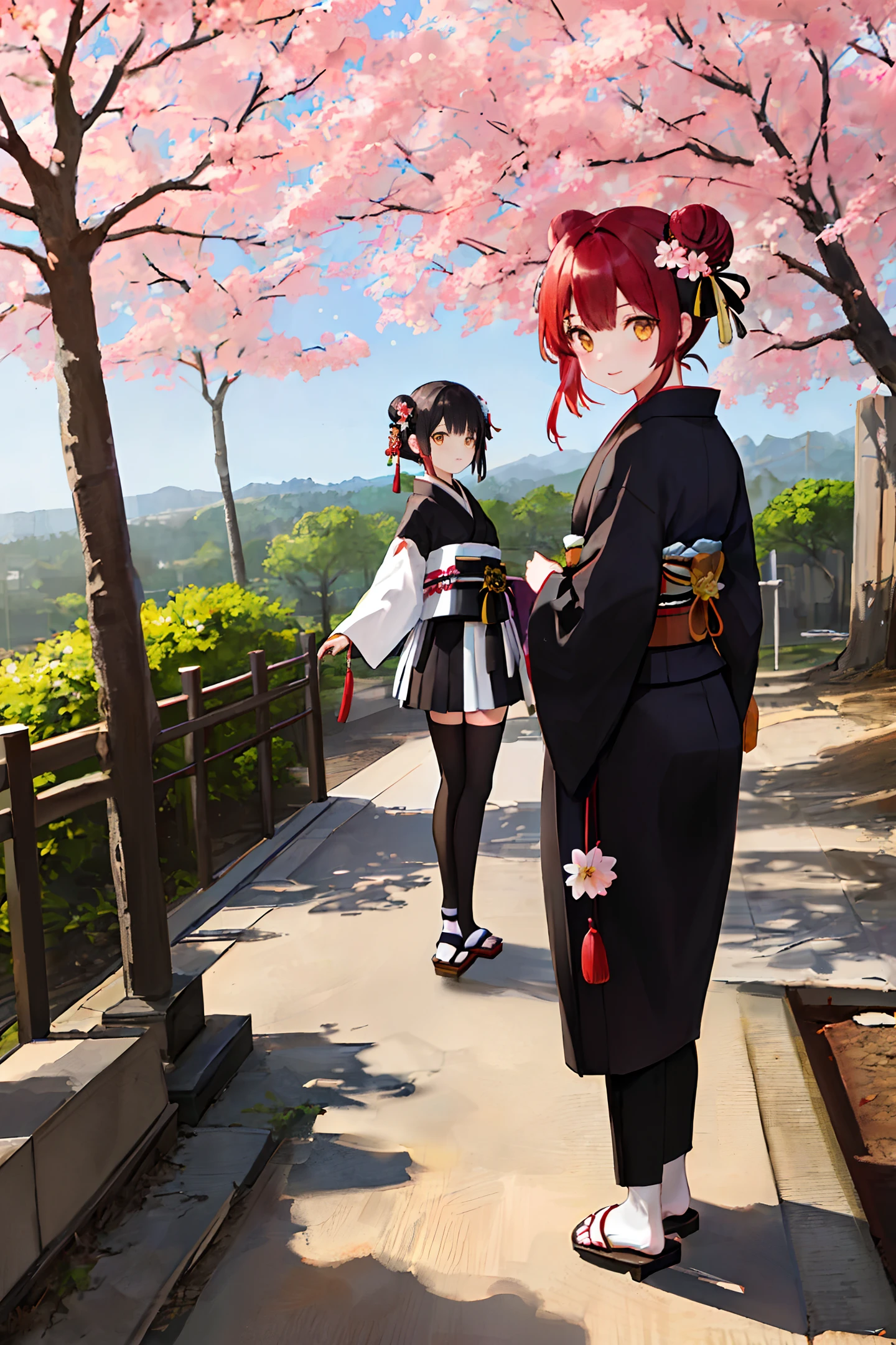 ((masterpiece,best quality)),2girls, black kimono, black legwear, black ribbon, black hair, cherry blossoms, day, flower, hair bun, hair ribbon, japanese clothes, kimono, long hair, looking at viewer, looking back , multiple girls, belts, outdoors, red eyes, red hair, ribbon, sandals, single bun, stairs, standing, statue, torii, tree, white kimono, yellow eyes