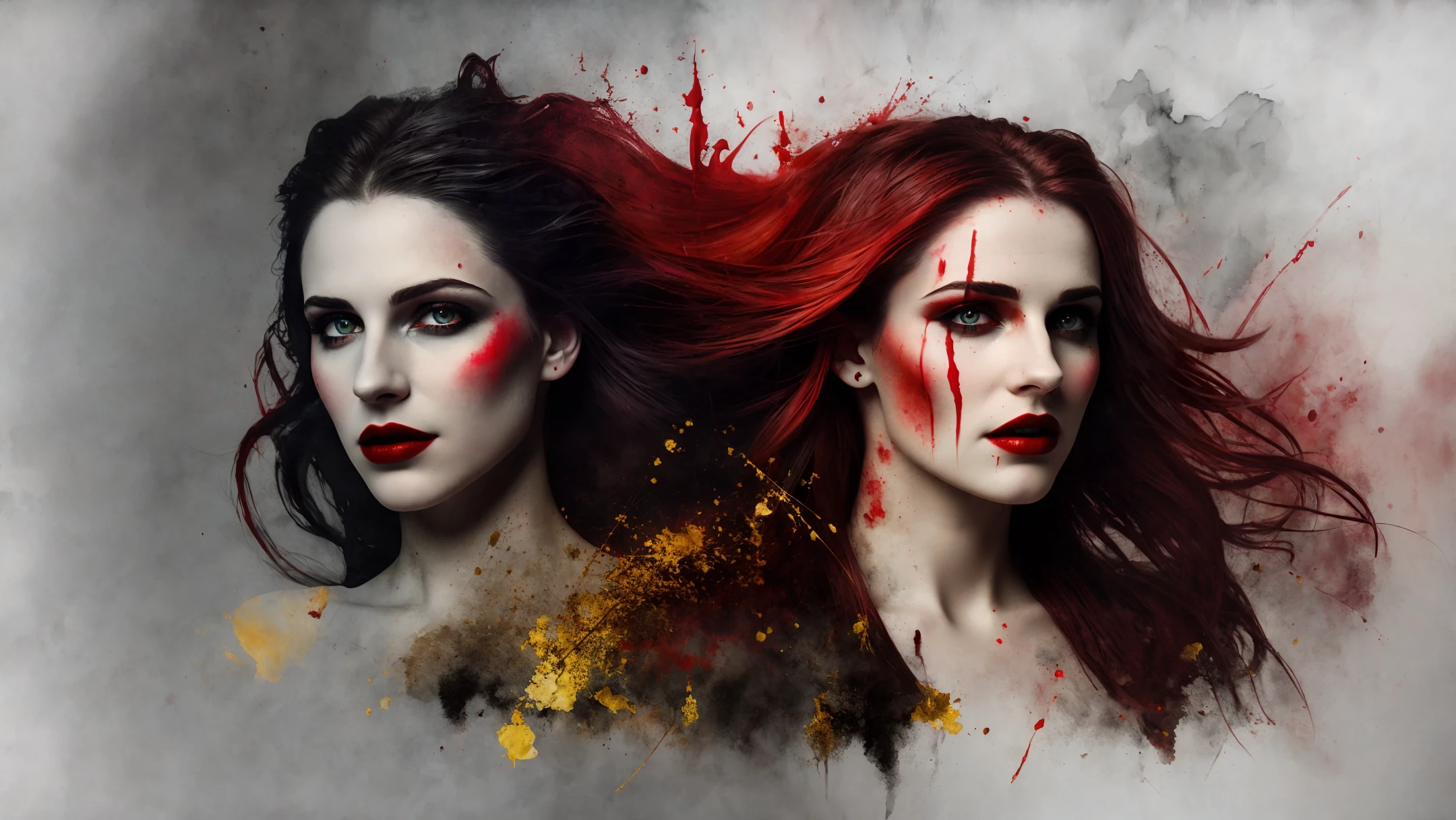 Beautiful vampire with bared fangs, set against the background of a river of blood, painted in watercolor style, artistic, dramatic lighting, graphic style of David Lynch, abstract expressionism, metaphysics, expressionism, golden ratio, detail aesthetic octane Rendering excellent composition and natural texture 8K oil painting masterpiece Canon eos r4s 50