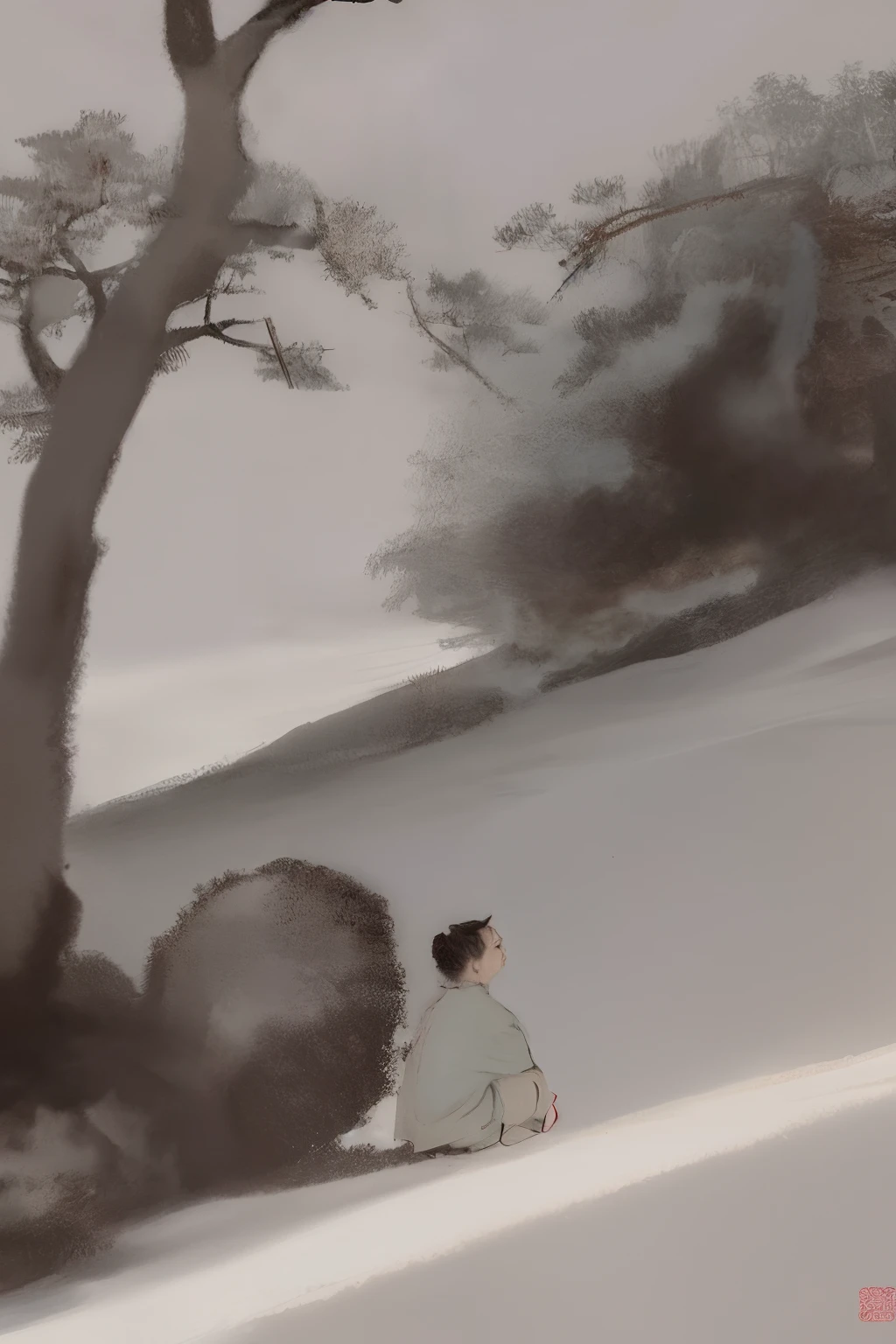 Xu Fang once drove at night with two jars of wine, and rested under a big tree when he was tired from walking. At this time, the moonlight was as bright as daytime, and there was a sound of &quot;whooping&quot; in the distance, and a ghost came out from the grass, with an extremely terrifying appearance. Xu Fang hid behind a tree and defended himself with a shoulder pole. When the ghost came to the wine jar, he danced for joy, opened the lid and drank the wine. After drinking one jar, another jar was opened, and just halfway through, the ghost collapsed to the ground. Xu Fang hated it very much, looked at the ghost, and seemed to have no other abilities, so he suddenly hit him violently with a pole, as if he was hitting in the void. He beat him repeatedly, and the ghost gradually slackened and sat on the ground, turning into a cloud of thick smoke. Xu Fang was afraid that the ghost would change, so he hit him more than a hundred times. The thick smoke spread flat on the ground, gradually spreading out, like faint ink stains, or like a gauze, getting thinner and thinner, and finally disappeared. It&#39;s probably gone. traditional Chinese painting