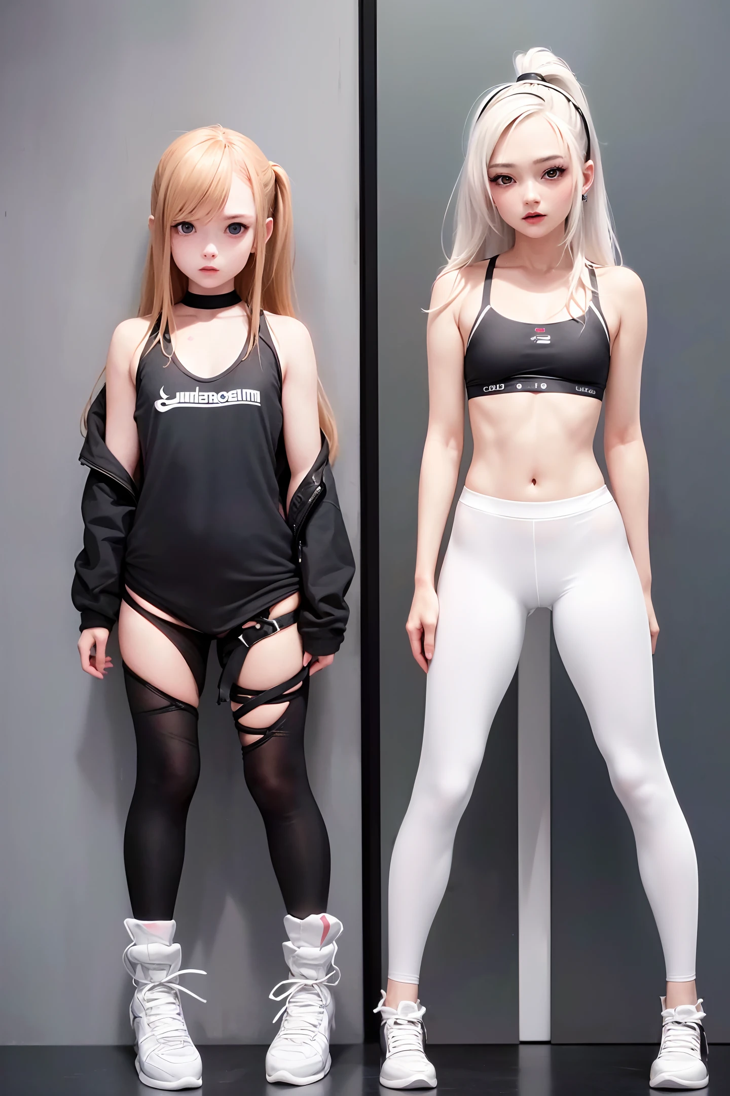 (solo), (a detailed full-body RAW photo of a girl), (masterpiece:1.0), (best quality:1.4), (ultra highres:1.2), (photorealistic:1.4), 8k resolution, Canon EOS R5, 50mm , Ridiculous, ultra detailed, (18yo), sharp focus, cinema lighting, detailed beautiful face, (heavy makeup: 1.2), (ulzzang-6500-v1.1), petite body, detailed skin texture, pale skin, Flat chest, pale face, (thin and fit body: 1.3), thigh gap, slender blond hair, messy hair, (Avril Lavigne: 0.7), in the room, smiling, (white sports leggings),