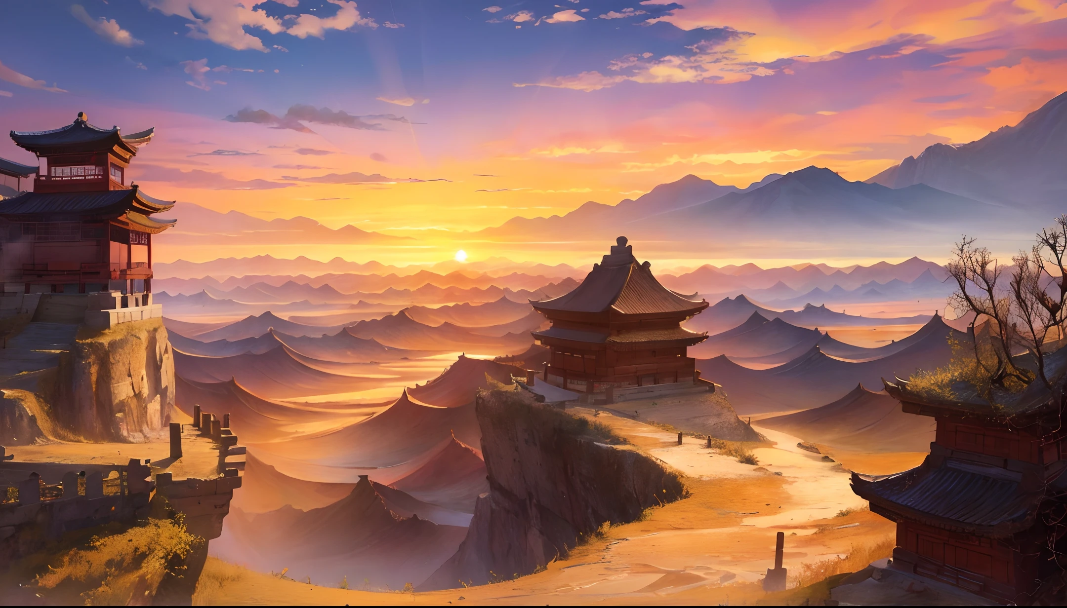 Ancient Chinese landscapes, An endless desert stretches before you, a stunning sunset slowly descending towards the distant Yellow River - a scene of striking beauty awaits.beautiful scenery, realistic lighting, masterpiece, high quality, beautiful graphics, high detail,