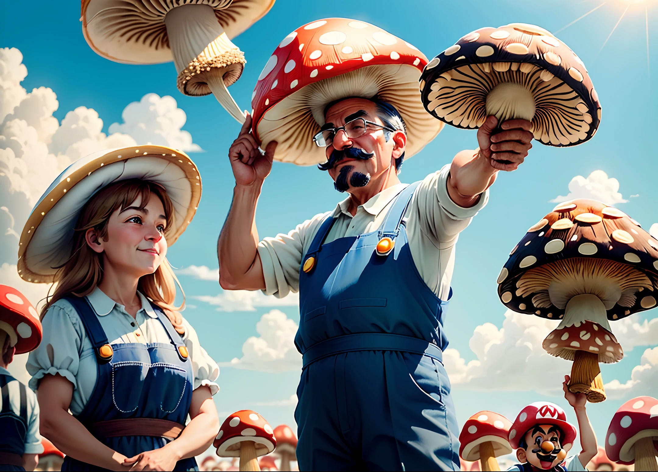 May Day atmosphere, ultra-detailed and realistic ((Uncle Mario, holding up a huge mushroom)), sparrows flying in the air, white clouds, blue sky, happy expressions, middle age, celebration, crowd, audience, cheers, applause, ((sunshine Mushroom fields under the sky)), Drone aerial view, Realistic, Masterpiece, 8K