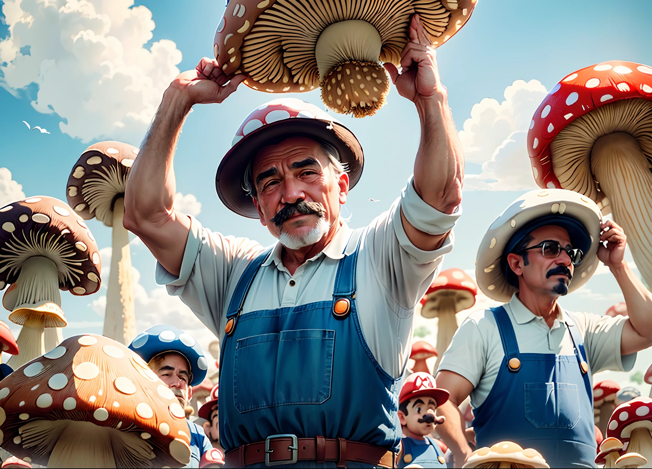 May Day atmosphere, ultra-detailed and realistic ((Uncle Mario, holding up a huge mushroom)), sparrows flying in the air, white clouds, blue sky, happy expressions, middle age, celebration, crowd, audience, cheers, applause, ((sunshine Mushroom fields under the sky)), Drone aerial view, Realistic, Masterpiece, 8K