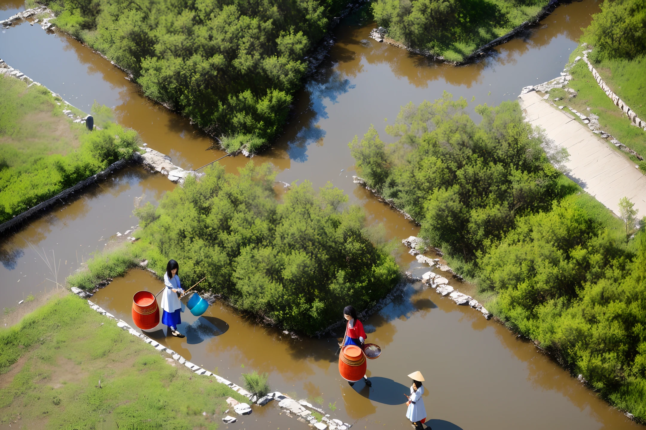 Chinese style, a beautiful rural girl carrying two water buckets down to a small stream, revealing her midriff following the rule of thirds, great composition, high definition, 8k, painted, by Greg Rutkowski, ultra wide-angle, drone aerial view.