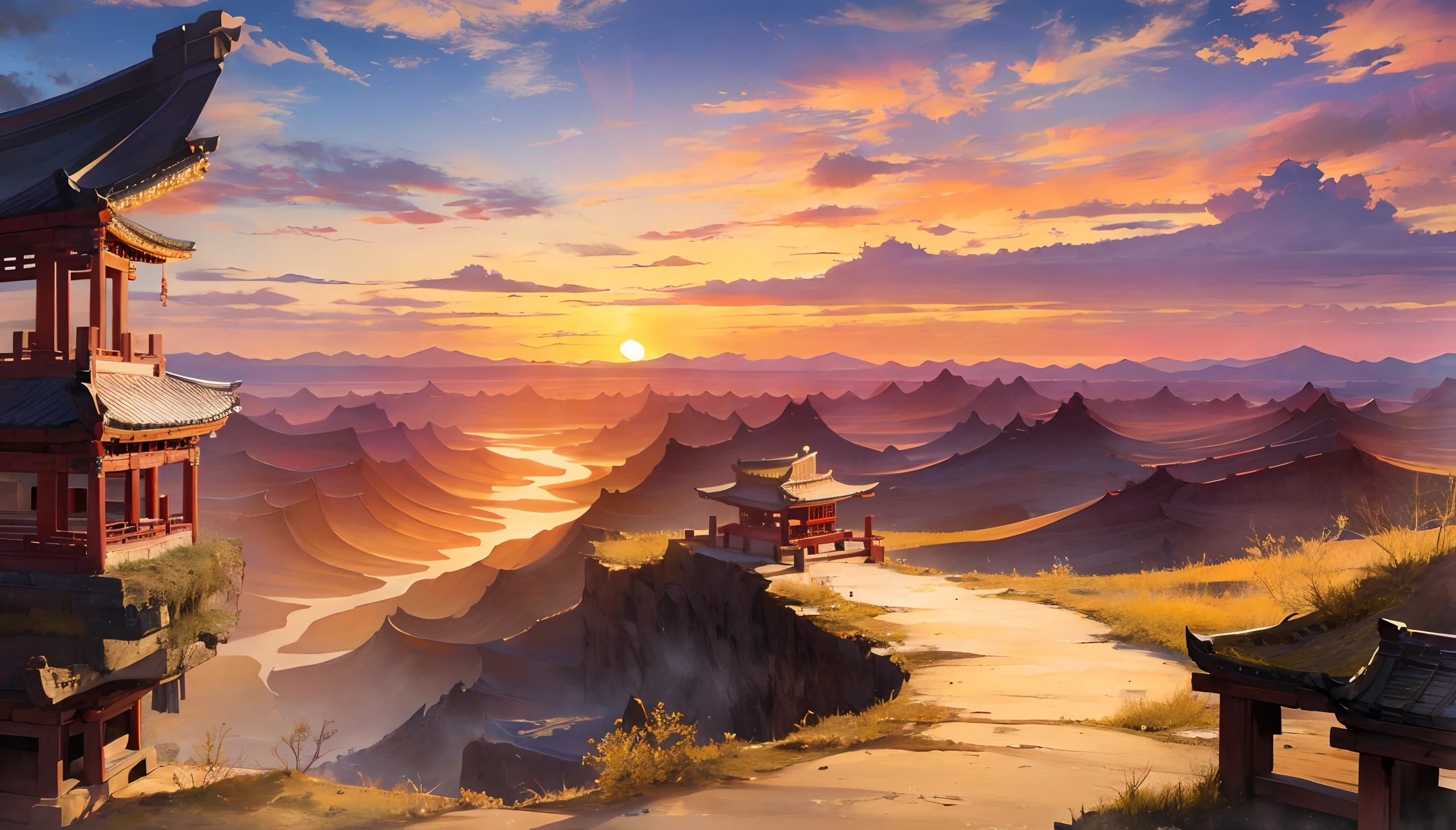 Ancient Chinese landscapes, An endless desert stretches before you, a stunning sunset slowly descending towards the distant Yellow River - a scene of striking beauty awaits.beautiful scenery, realistic lighting, masterpiece, high quality, beautiful graphics, high detail,
