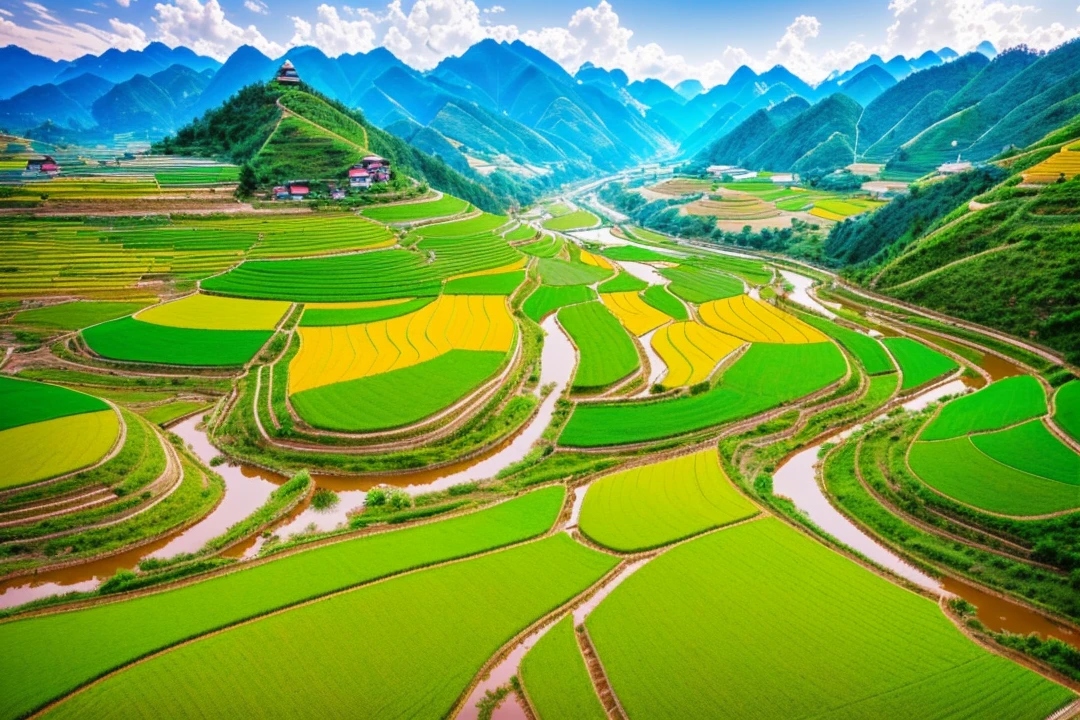 Chinese style, rural girls wearing bamboo hats are sowing seeds in the field, fetching water from the stream, wonderful composition, high definition, 8k, super wide angle, drone aerial photography, there are cottages and mountains in the distance