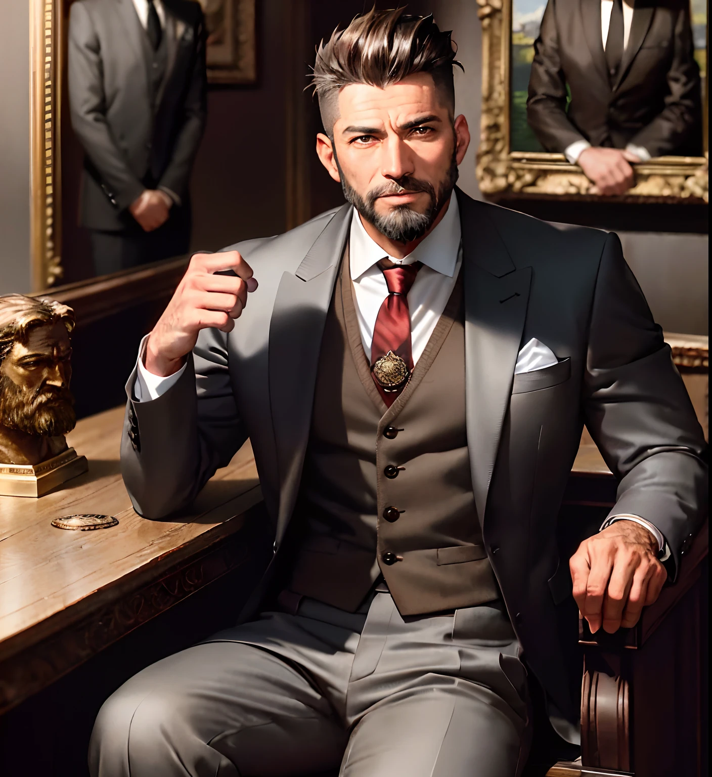 Mature muscular male, brown eyes, styled brown hair greying at the sides, neat beard, wearing dark business suit, tie, and wolf’s head medallion, cowboy shot, sitting at ornate wooden desk, sitting in front of large painting of a birch forest, dim light, 8k, Unreal engine, highly detailed, photorealistic
