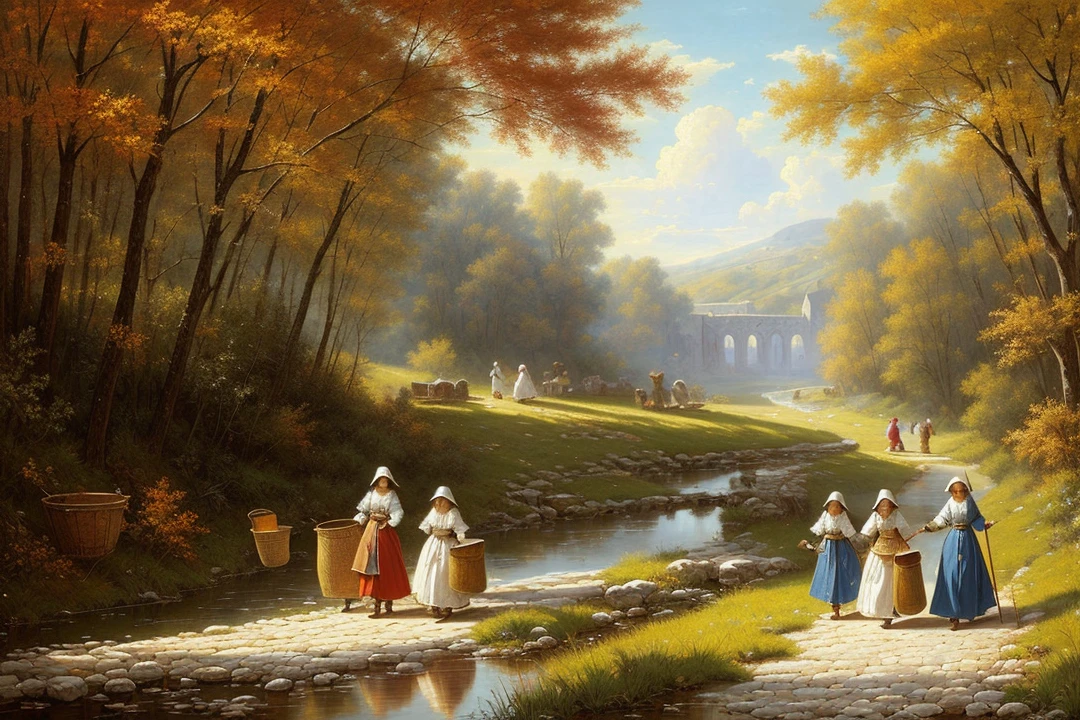 Fantasy painting, medieval era, beautiful peasant girls carrying buckets and laundry walking along a stream, magnificent composition, high definition 8k, painting, Greg Rutkowski， masterpiece